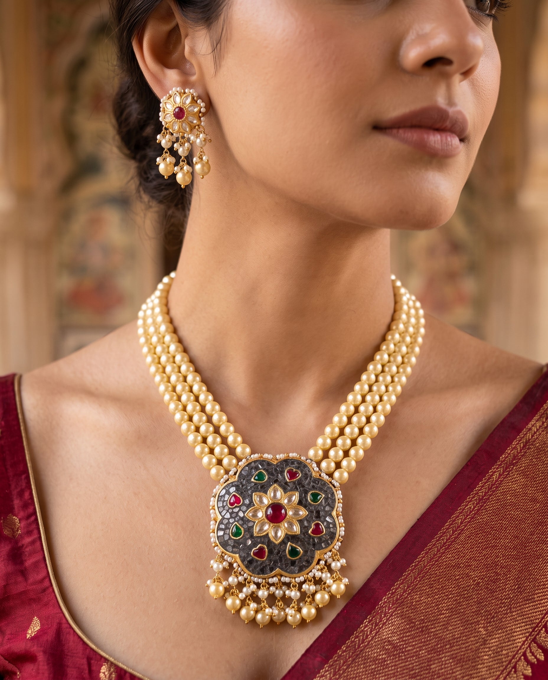 Handcrafted 22kt Gold Black Pendant Set with 6 Carat Certified Syndicate Polki and Black Semi Precious Stones in Thapa Work