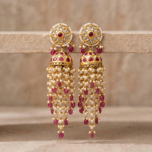 Jharoka Pink waterfall long jhumkis | Vama Gears