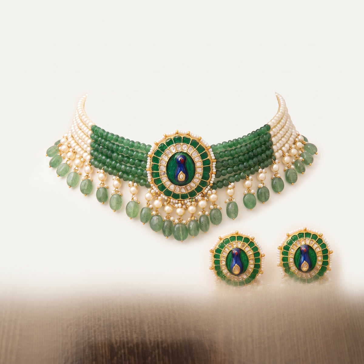 Handcrafted 22kt Gold Meenakari Peacock Choker Set with 6 Carat Certified Syndicate Polki and Meenakari Enamel in Peacock Motif Thapa Work