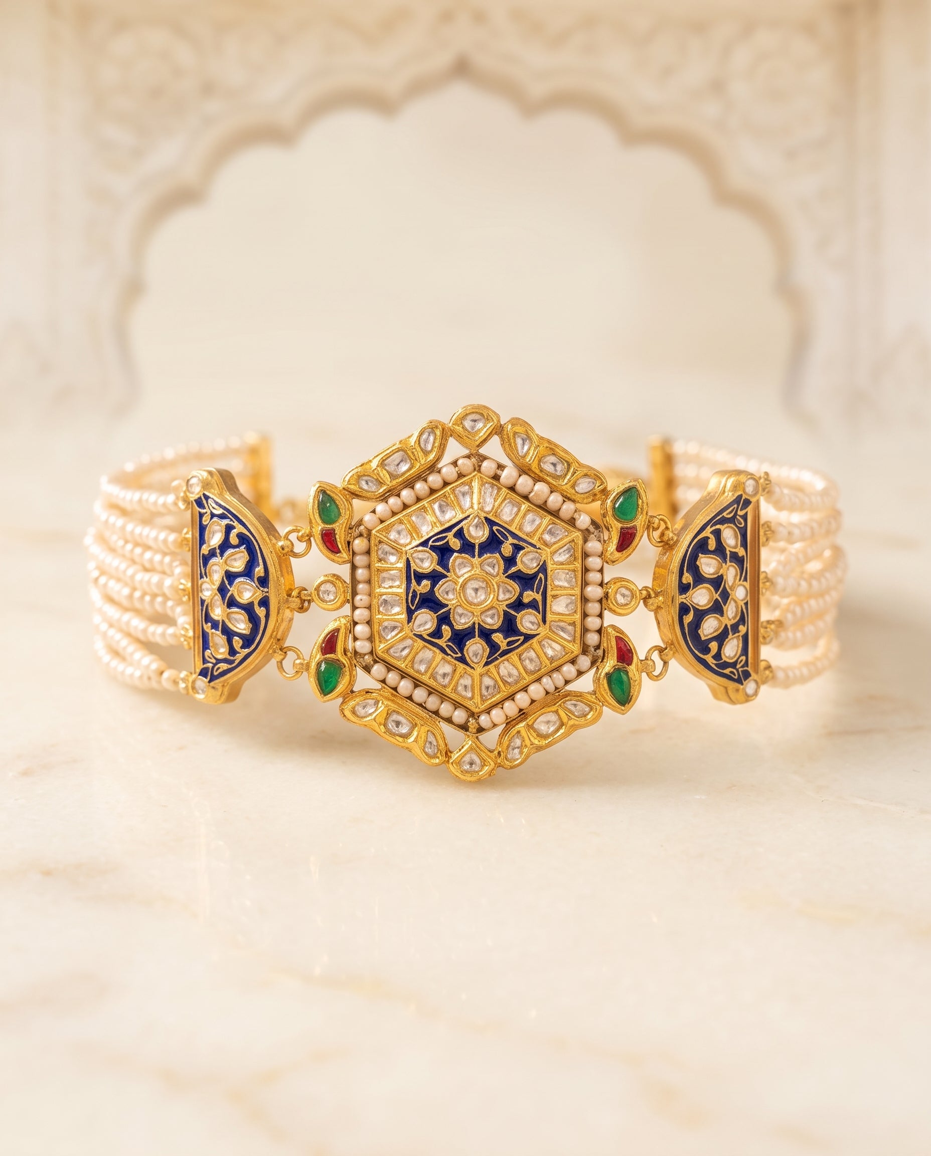 Handcrafted 22kt Gold Blue Meenakari Choker Set with 5 Carat Certified Syndicate Polki and Blue Meenakari Enamel Work in Thapa Work