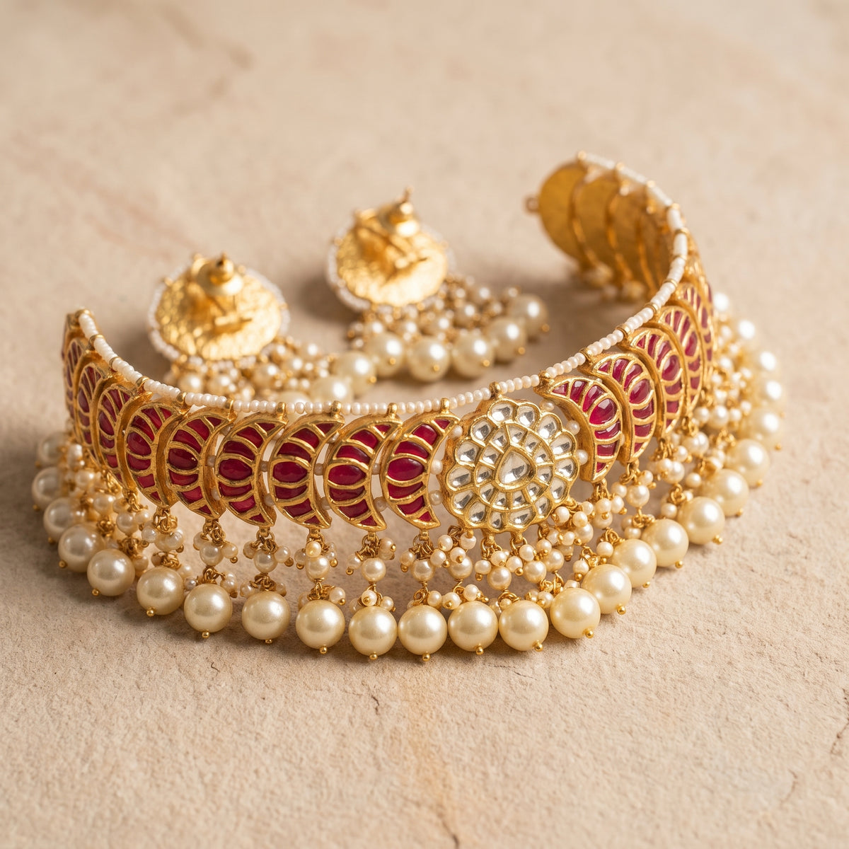 Handcrafted 22kt Gold Ruby Half Moon Choker Set with 12 Carat Certified Syndicate Polki and Ruby Red Semi Precious Stones in Crescent Thapa Work