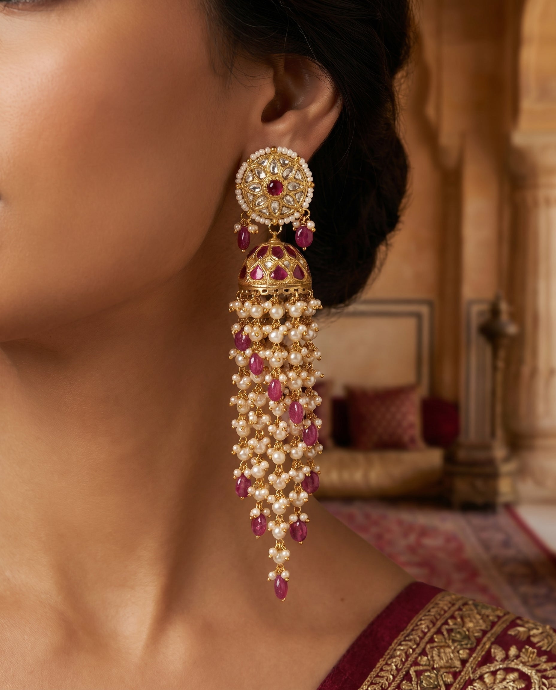 Jharoka Pink waterfall long jhumkis | Vama Gears