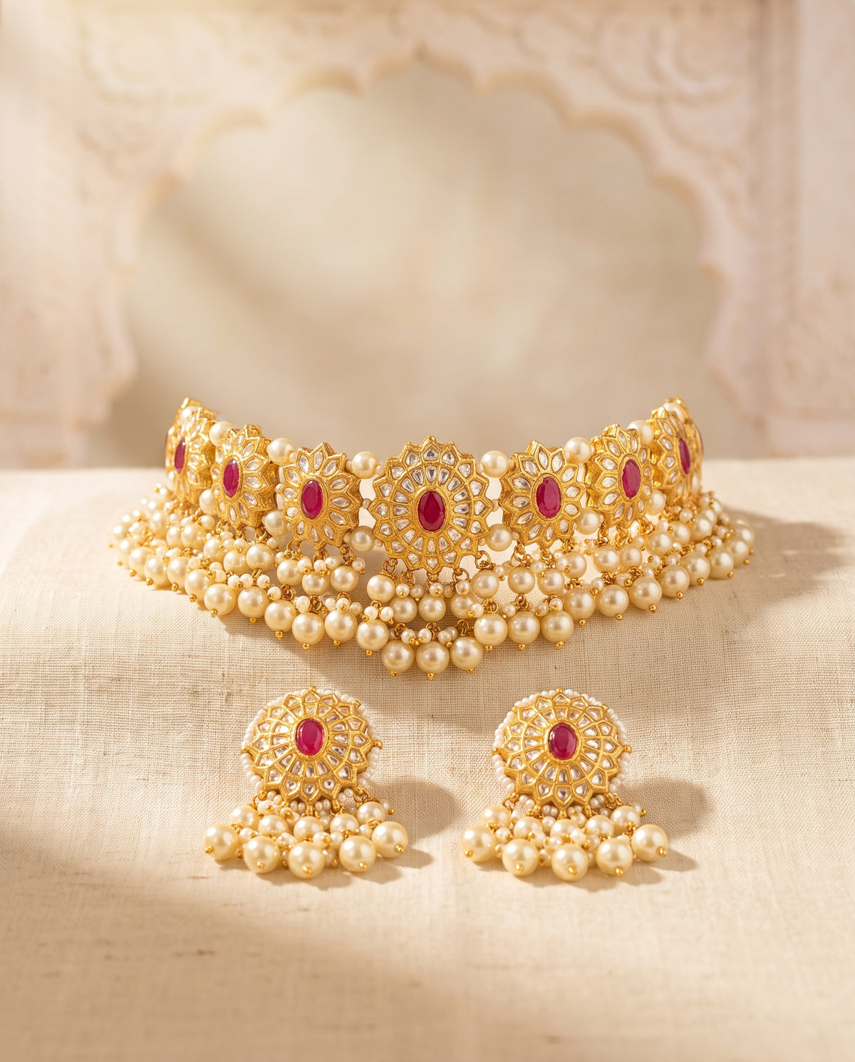 Handcrafted 22kt Gold Zohra Choker Set with 6 Carat Certified Syndicate Polki in Lightweight Gold Sheet Work