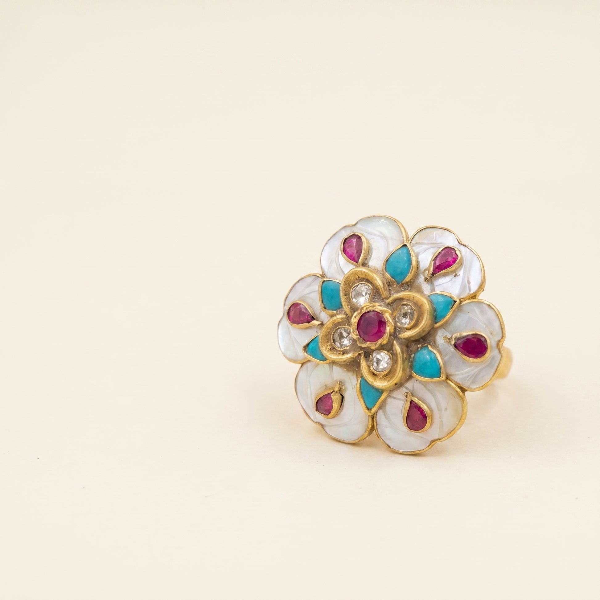 Jharoka Flower stone turquoise cocktail ring | Vama Gears