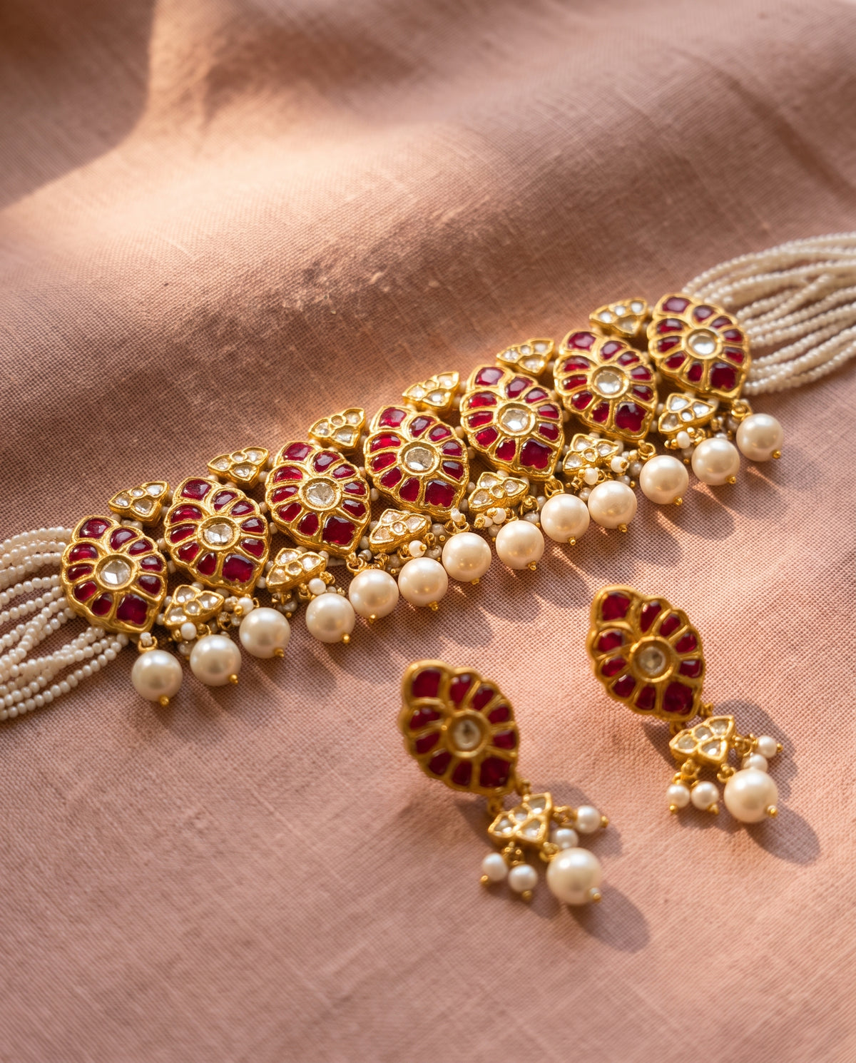 Handcrafted 22kt Gold Ruby Oval Choker Set with 8 Carat Certified Syndicate Polki and Ruby Red Semi Precious Stones in Oval Motif Thapa Work