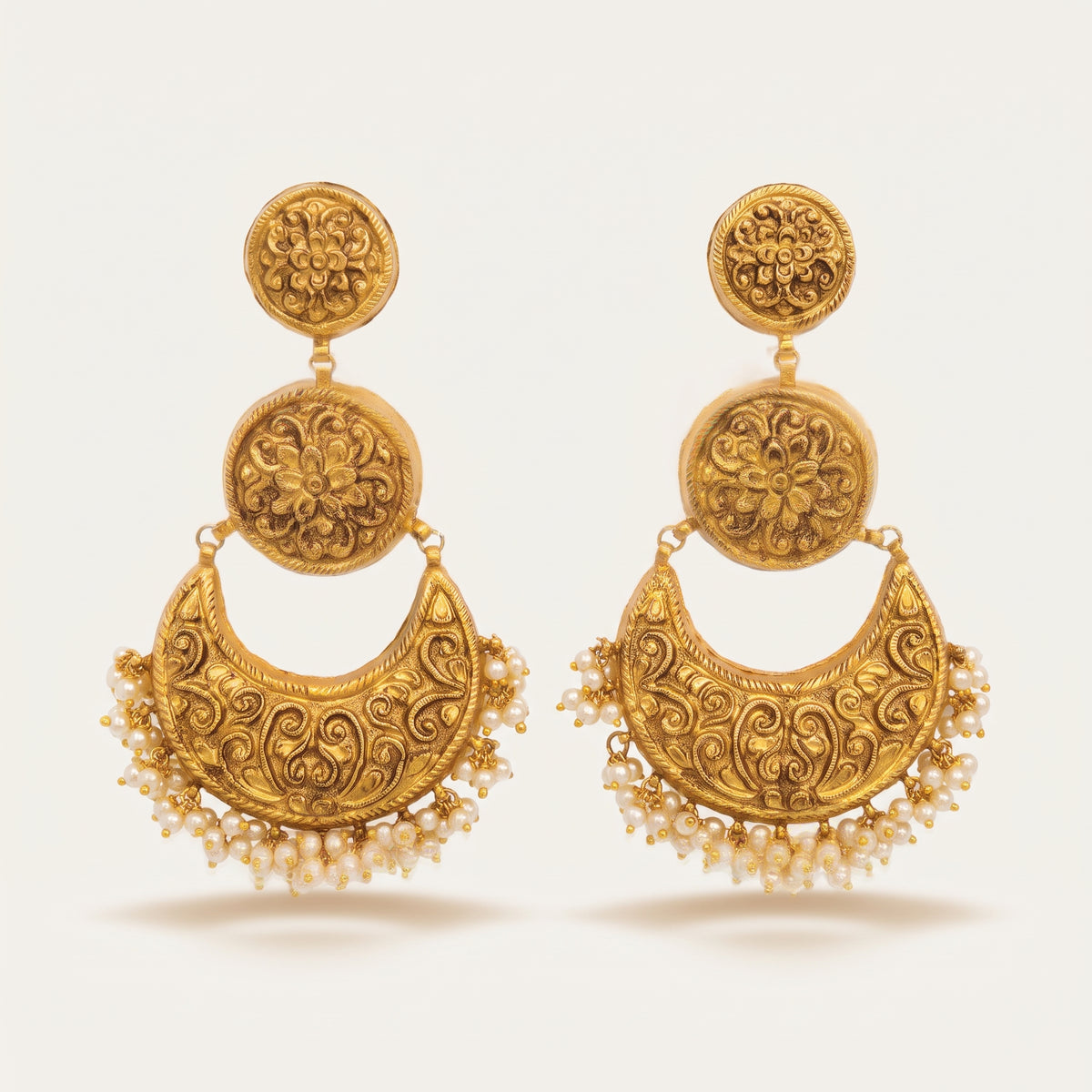Handcrafted 22kt 916 Hallmarked Gold Chandbali Jhumkas in All Gold Crescent Jhumki Lightweight Gold Sheet Work