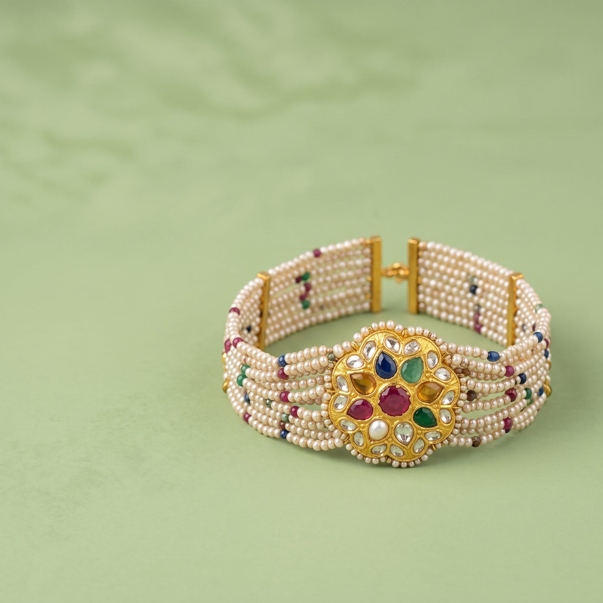 Handcrafted 22kt Gold Navratan Choker with 2 Carat Certified Syndicate Polki and Multi-Colour Semi Precious Stones in Thapa Work