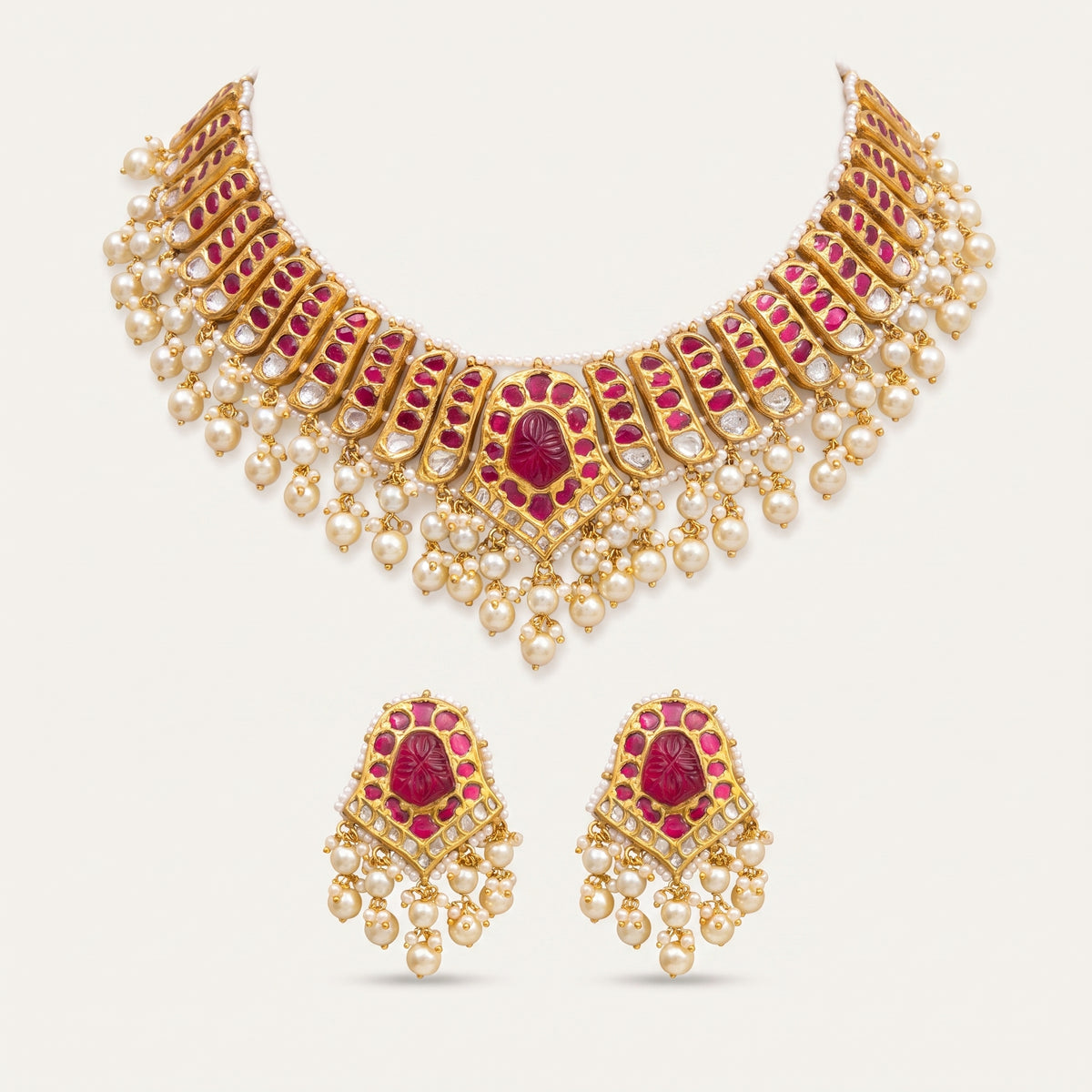 Handcrafted 22kt Gold Pink Emerald Set with 7 Carat Certified Syndicate Polki and Pink Semi Precious Stones in Thapa Work