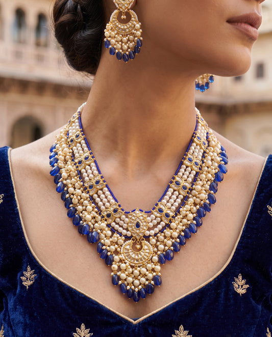 Handcrafted 22kt Gold V Haar Set with 6 Carat Certified Syndicate Polki in Elegant V-Drop Thapa Work