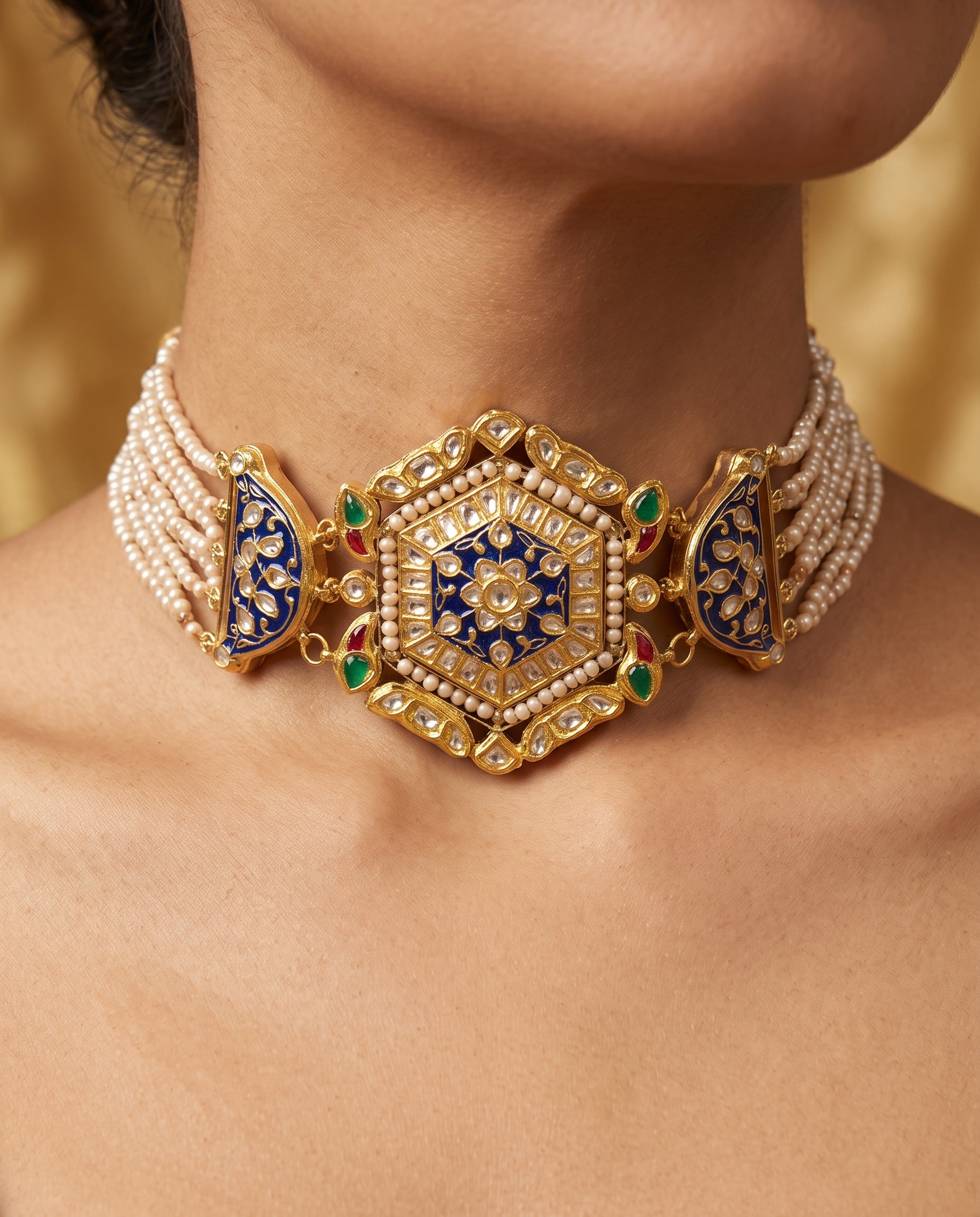 Handcrafted 22kt Gold Blue Meenakari Choker Set with 5 Carat Certified Syndicate Polki and Blue Meenakari Enamel Work in Thapa Work