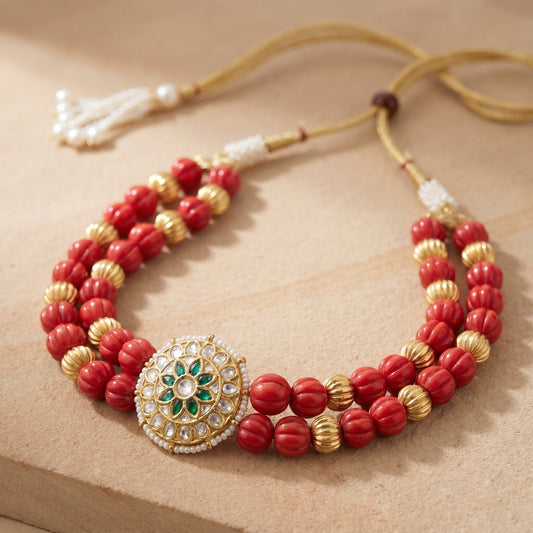 Jharoka Round flower coral choker | Vama Gears