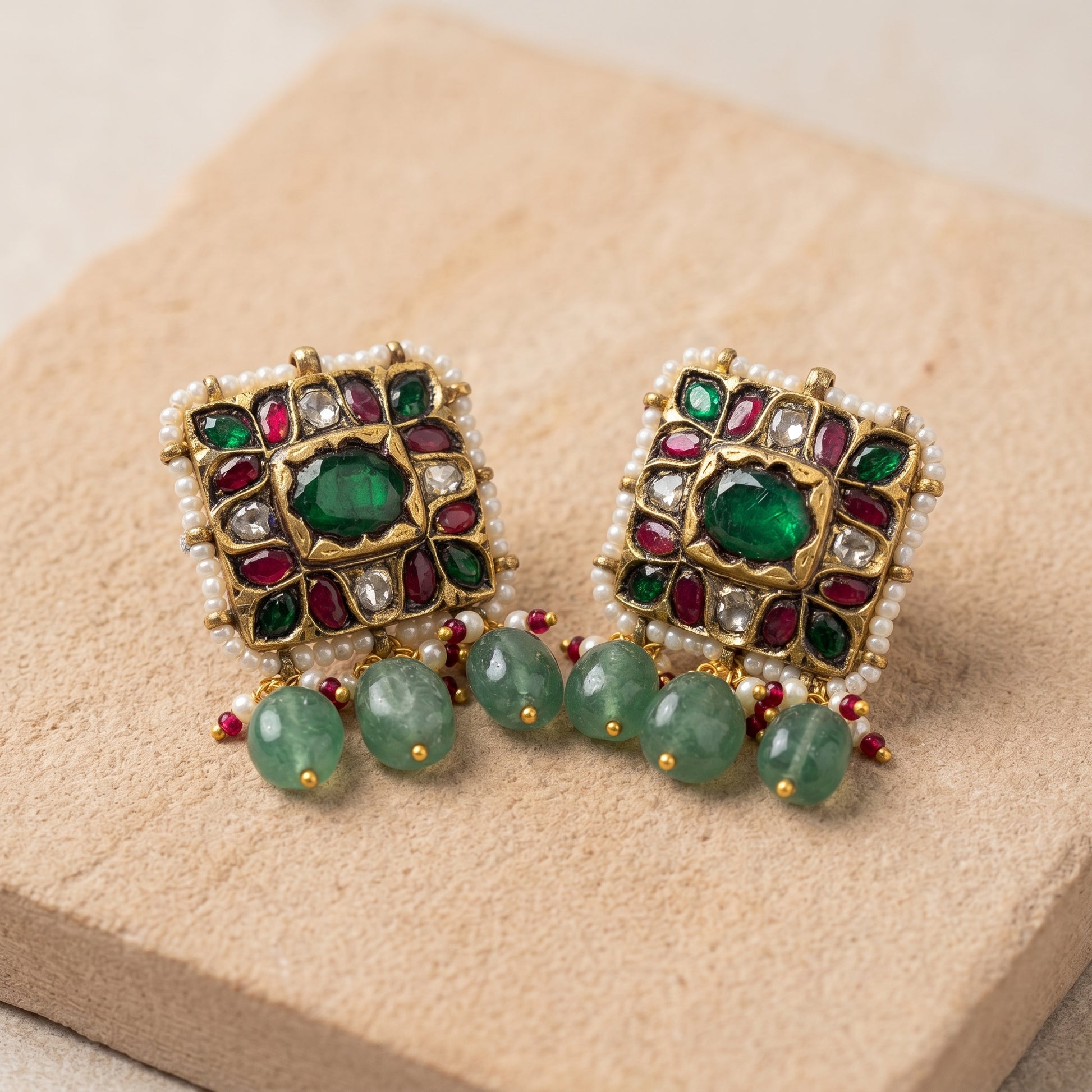 Handcrafted 22kt Gold Pratash Earrings with 2 Carat Certified Syndicate Polki in Thapa Work