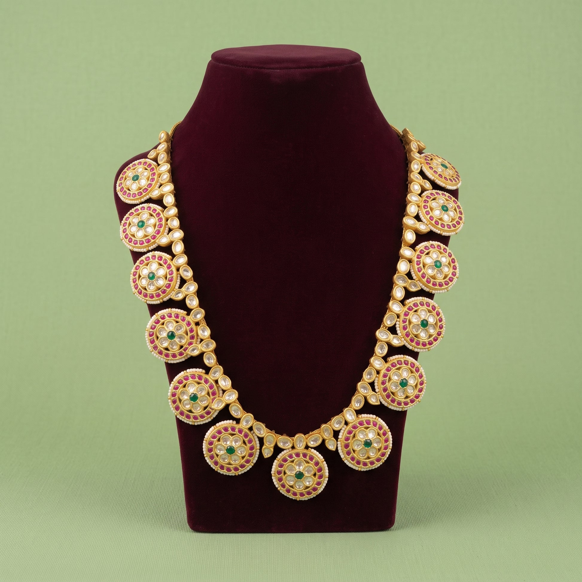 Handcrafted 22kt Gold Full Polki Bottumala Long Necklace with 20 Carat Certified Syndicate Polki Running Full Length in Thapa Work