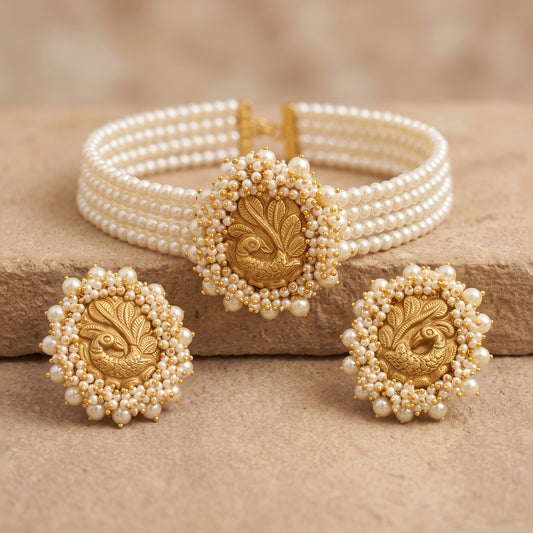 Handcrafted 22kt 916 Hallmarked Gold Peacock Pearl Choker Set with Matching Earrings Peacock Motifs and Pearls in Thapa Work