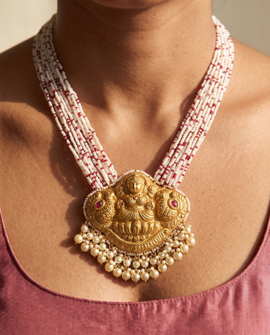 Handcrafted 22kt Gold Lakshmi Pendant with Goddess Lakshmi Motif and Certified Syndicate Polki in Devotional Thapa Work