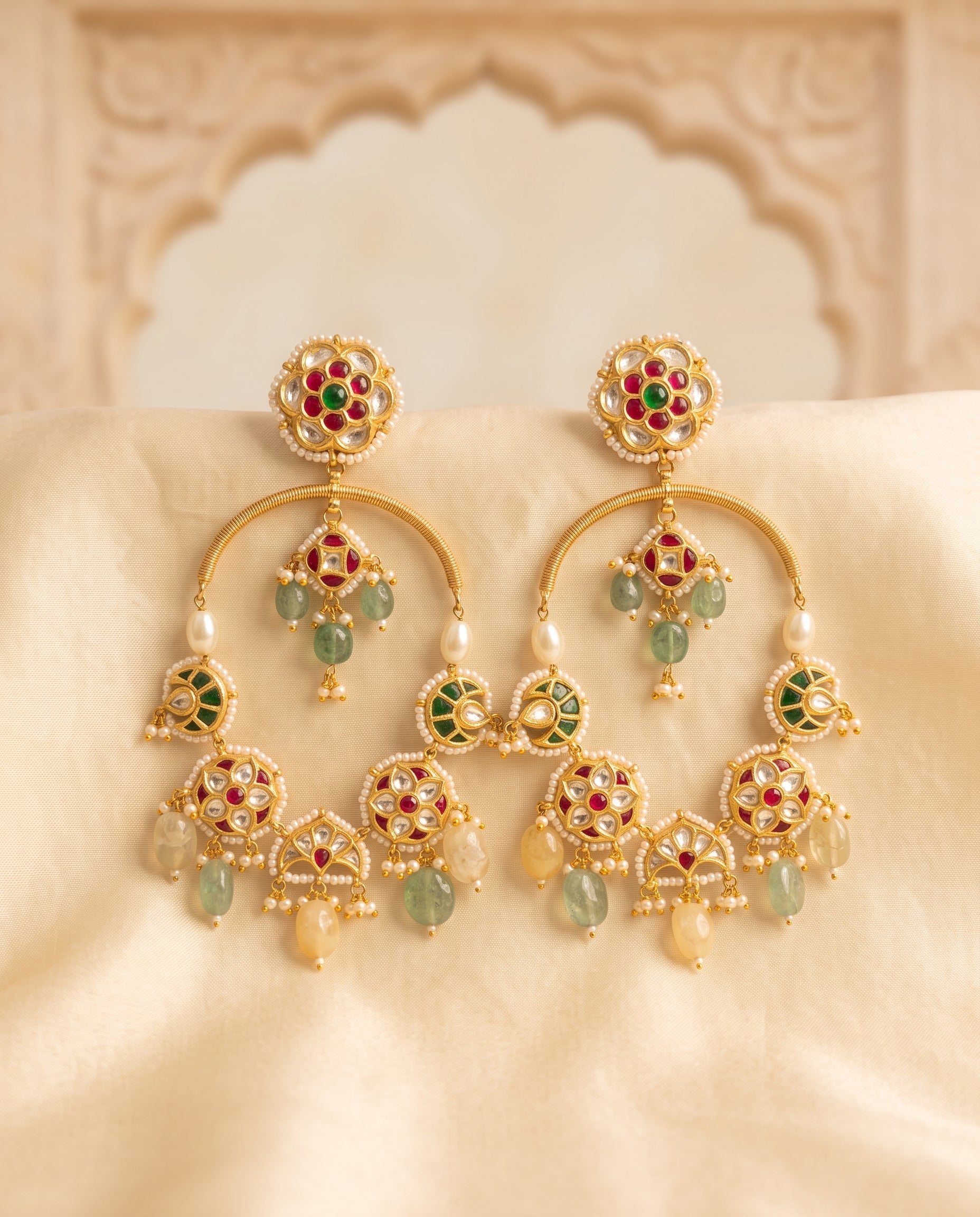 Handcrafted 22kt Gold Jharokha Crescent Earrings with 5 Carat Certified Syndicate Polki in Jharokha Arch Crescent Thapa Work