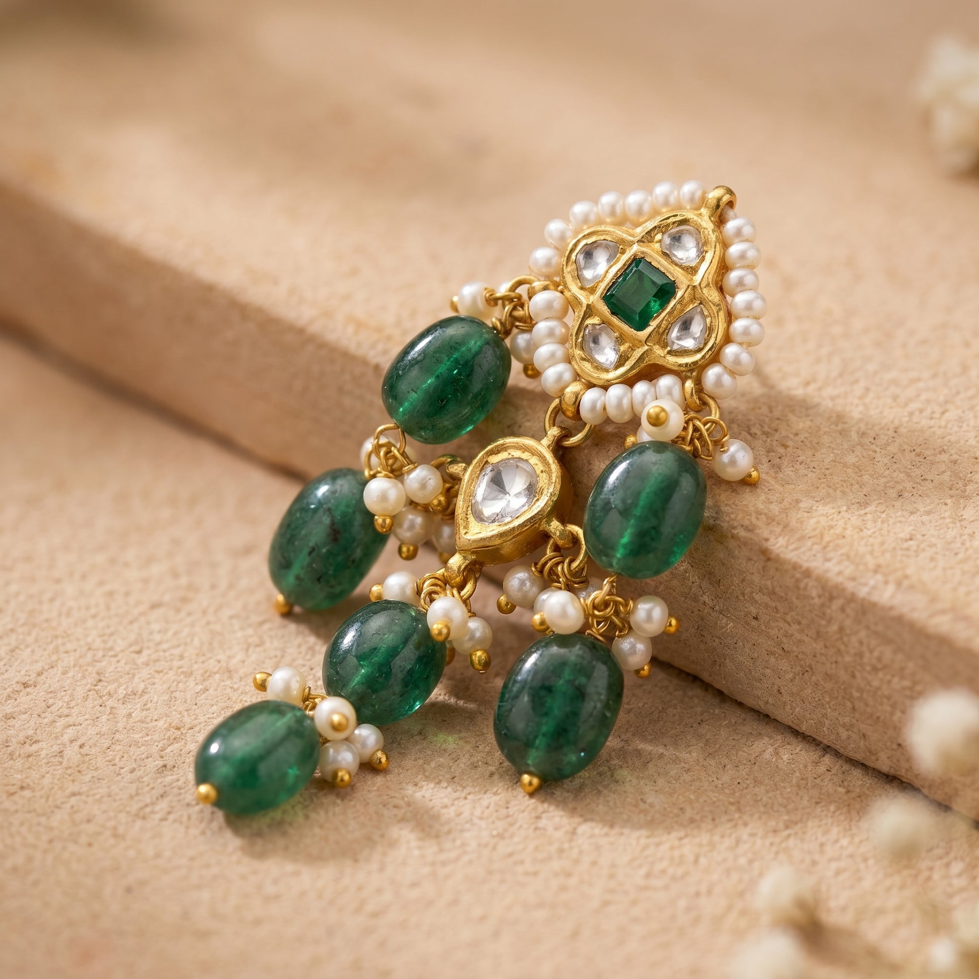 Handcrafted 22kt Gold Green Chowfully Earrings with Certified Syndicate Polki and Green Semi Precious Stones in Cluster Thapa Work