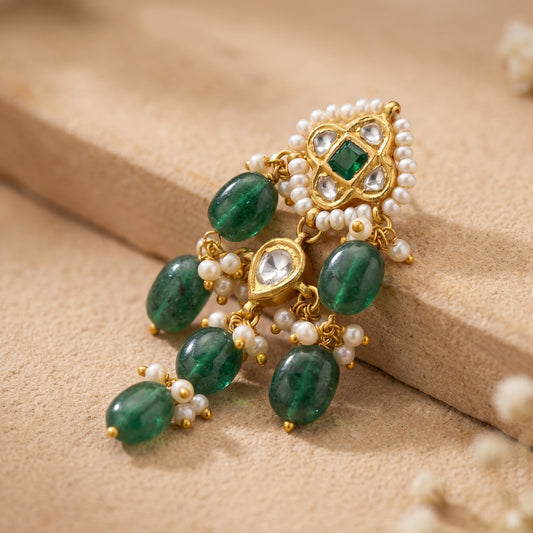 Handcrafted 22kt Gold Green Chowfully Earrings with Certified Syndicate Polki and Green Semi Precious Stones in Cluster Thapa Work