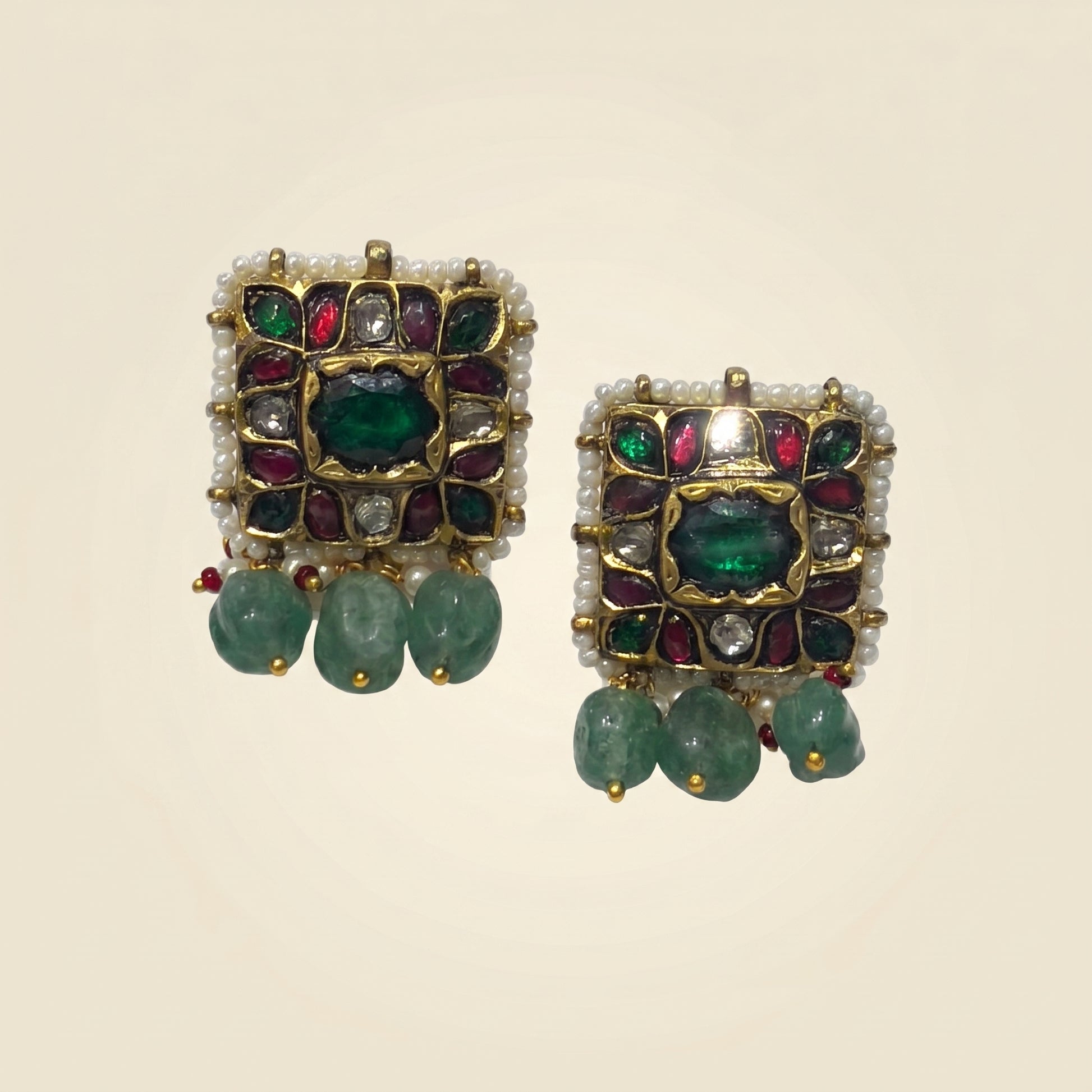 Handcrafted 22kt Gold Pratash Earrings with 2 Carat Certified Syndicate Polki in Thapa Work