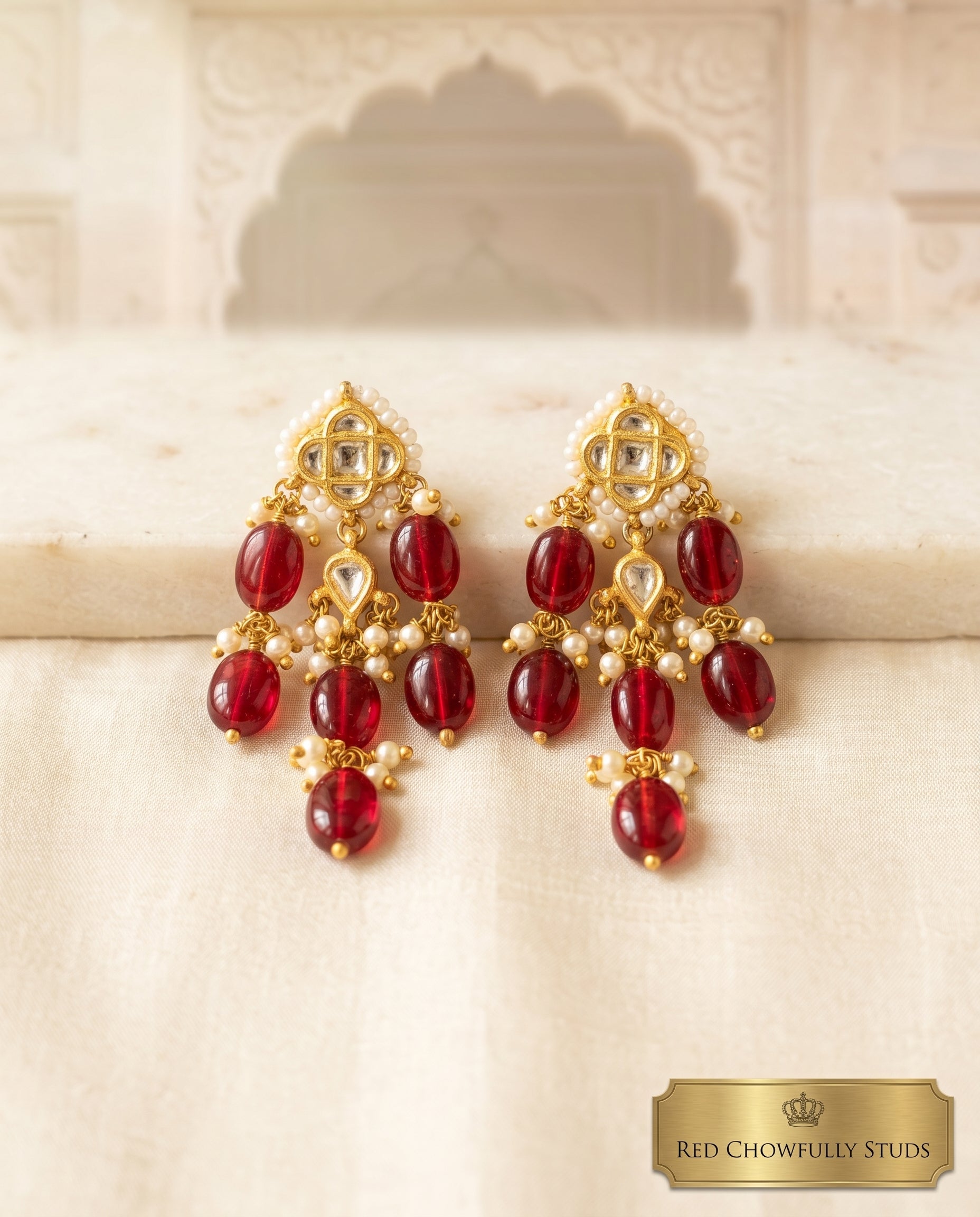 Handcrafted 22kt Gold Red Chowfully Studs with Certified Syndicate Polki and Red Semi Precious Stones in Floral Cluster Thapa Work