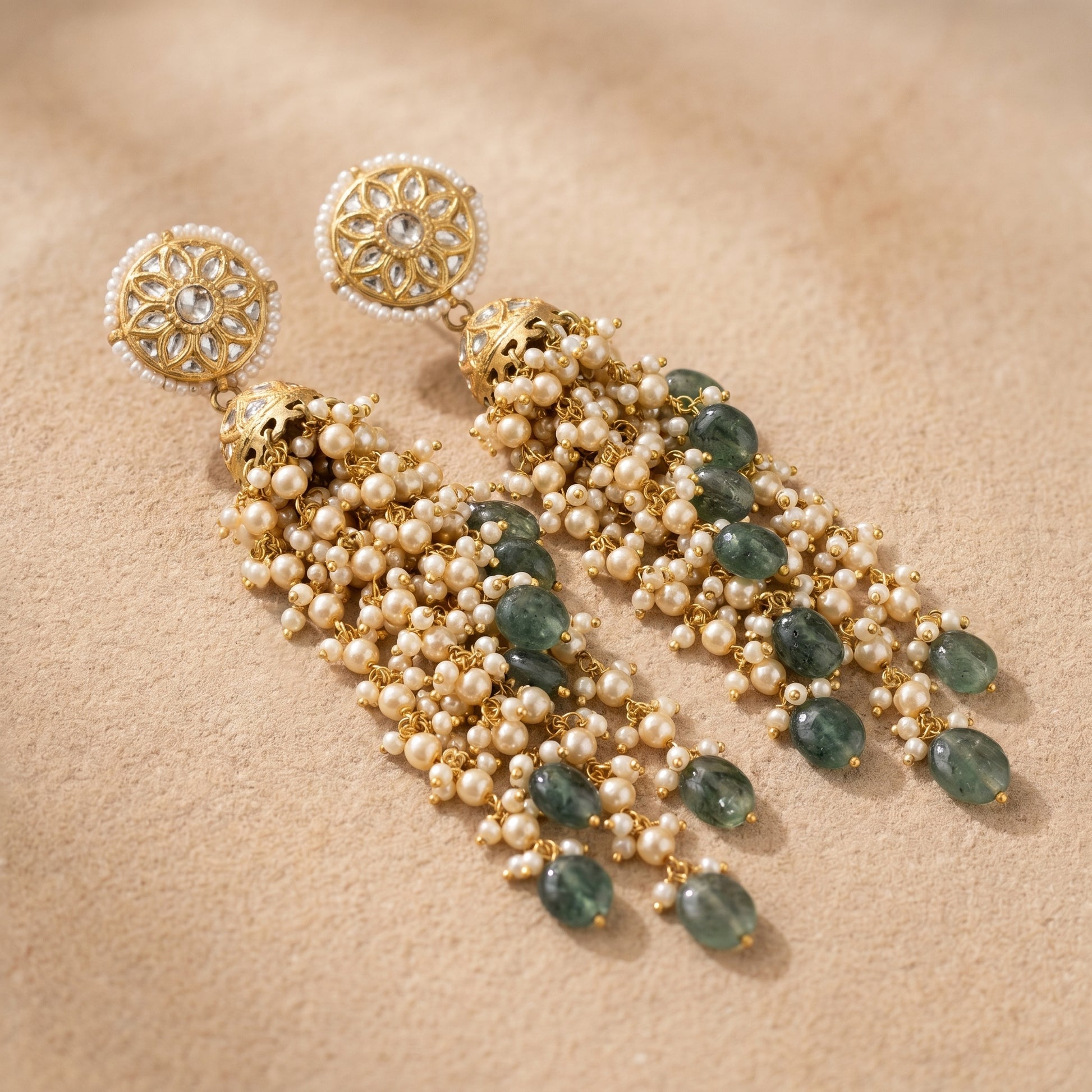 Jharoka Green waterfall long jhumkis | Vama Gears
