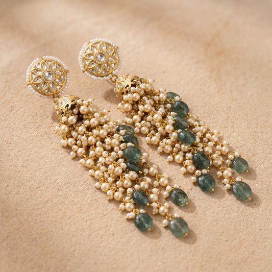 Jharoka Green waterfall long jhumkis | Vama Gears