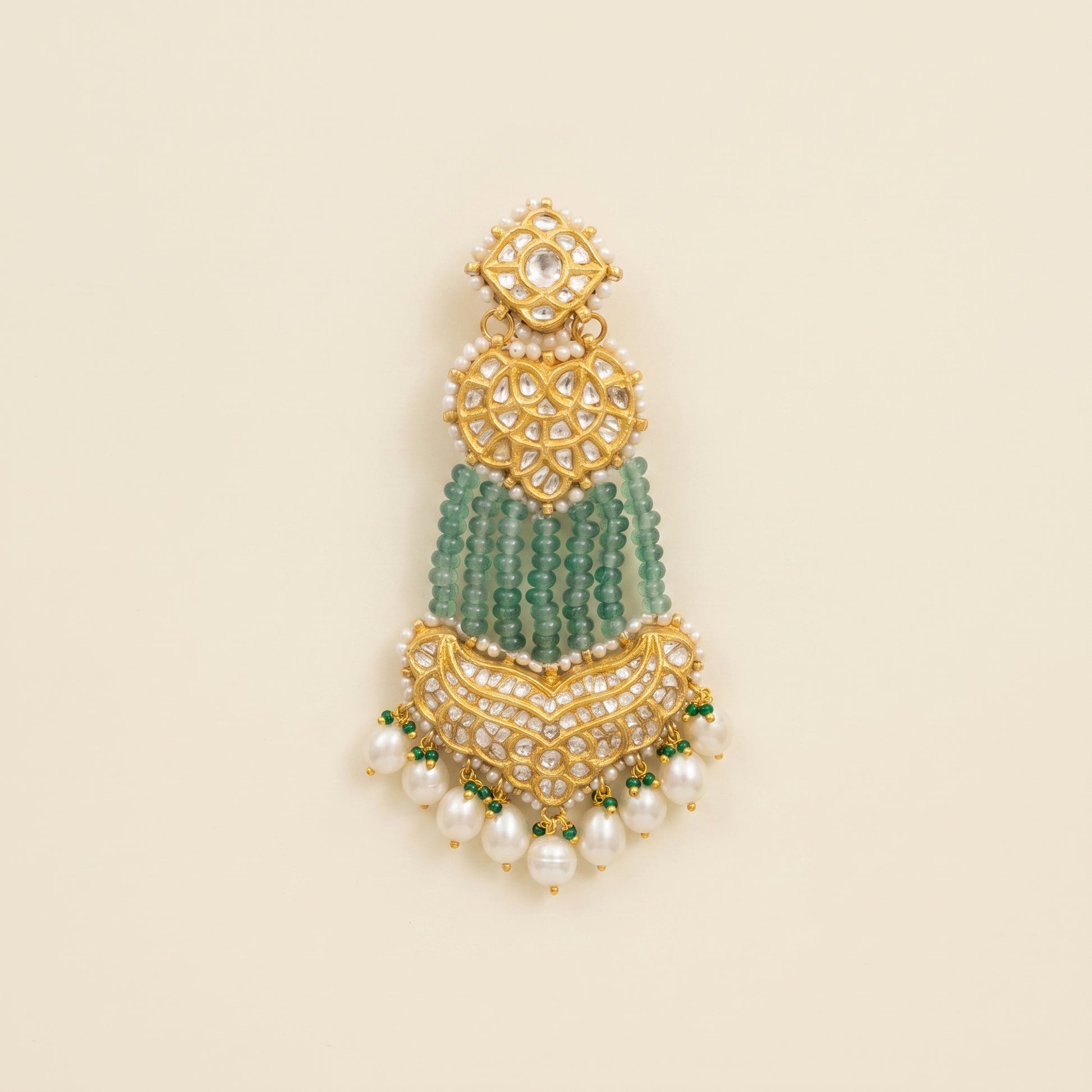 Handcrafted 22kt Gold Three Layer Chandbali Earrings with 5 Carat Certified Syndicate Polki and Green Bead Drops in Cascading Crescent Thapa Work