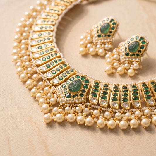 Handcrafted 22kt Gold Green Emerald Set with 7 Carat Certified Syndicate Polki and Emerald Green Semi Precious Stones in Thapa Work