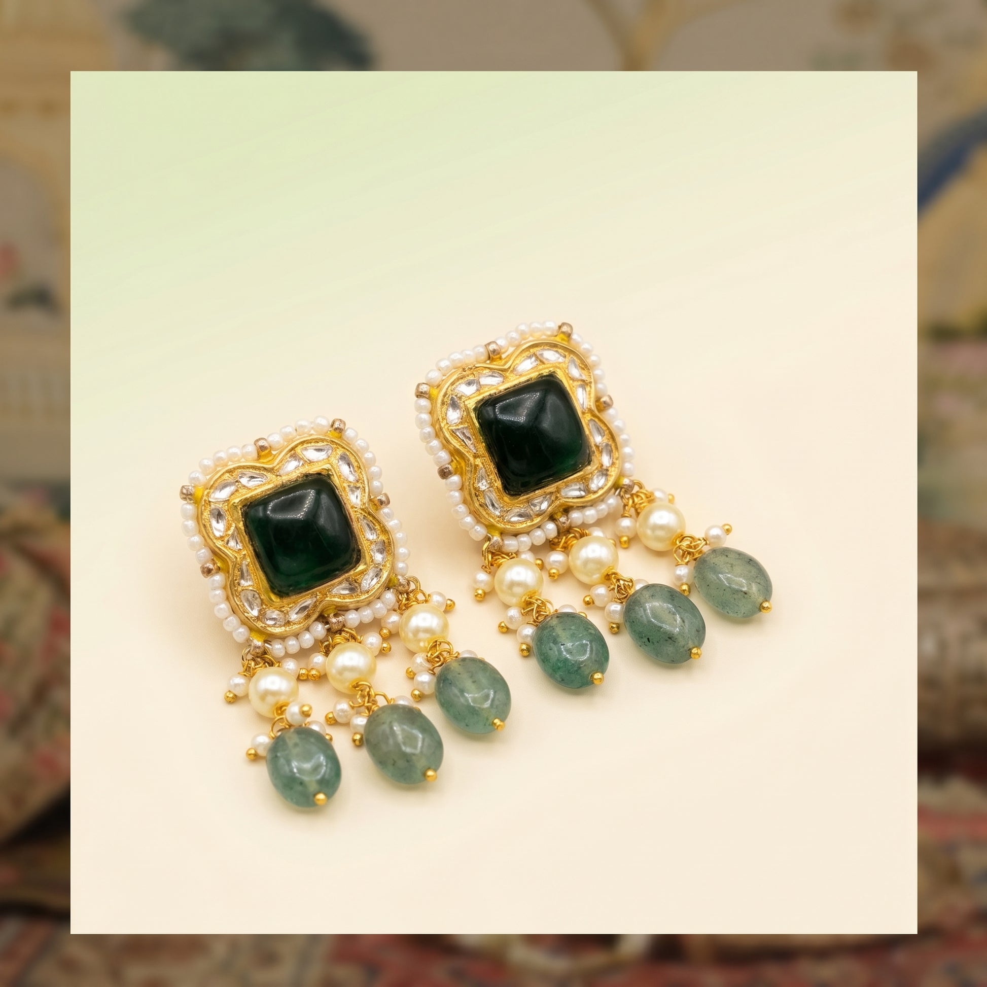 Jharoka Green square earrings | Vama Gears