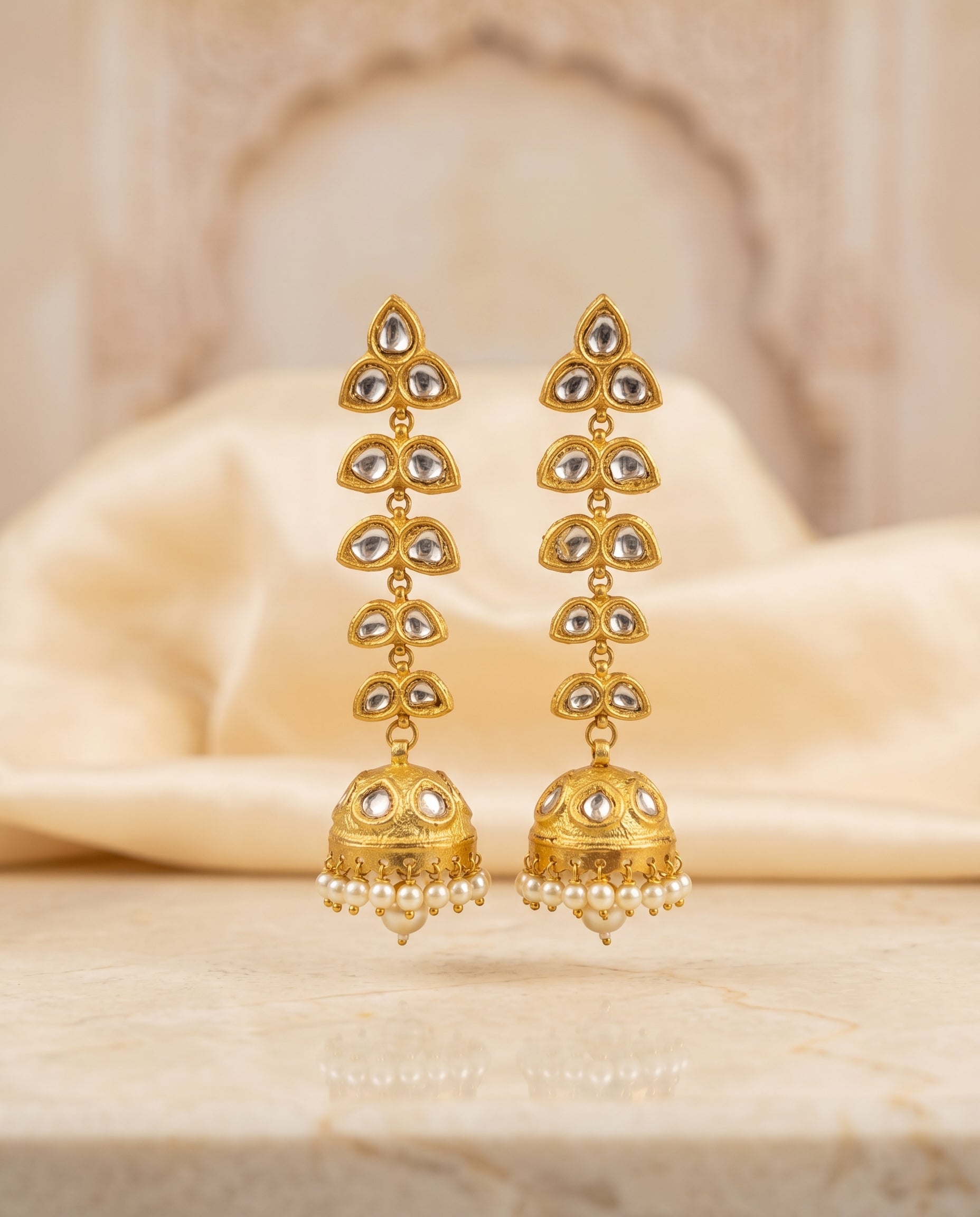 Handcrafted 22kt Gold Leaf Petal Jhumkas with 3 Carat Certified Syndicate Polki in Leaf Form Thapa Work