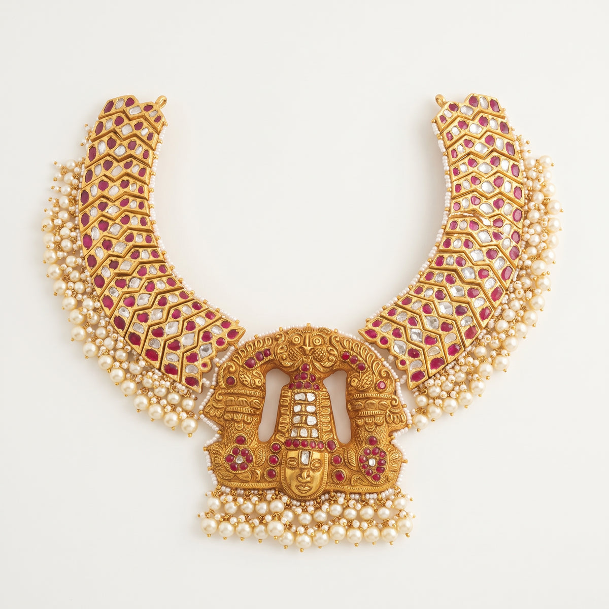Handcrafted 22kt Gold Zigzag Choker with Balaji Pendant and 25 Carat Certified Syndicate Polki in Thapa Work