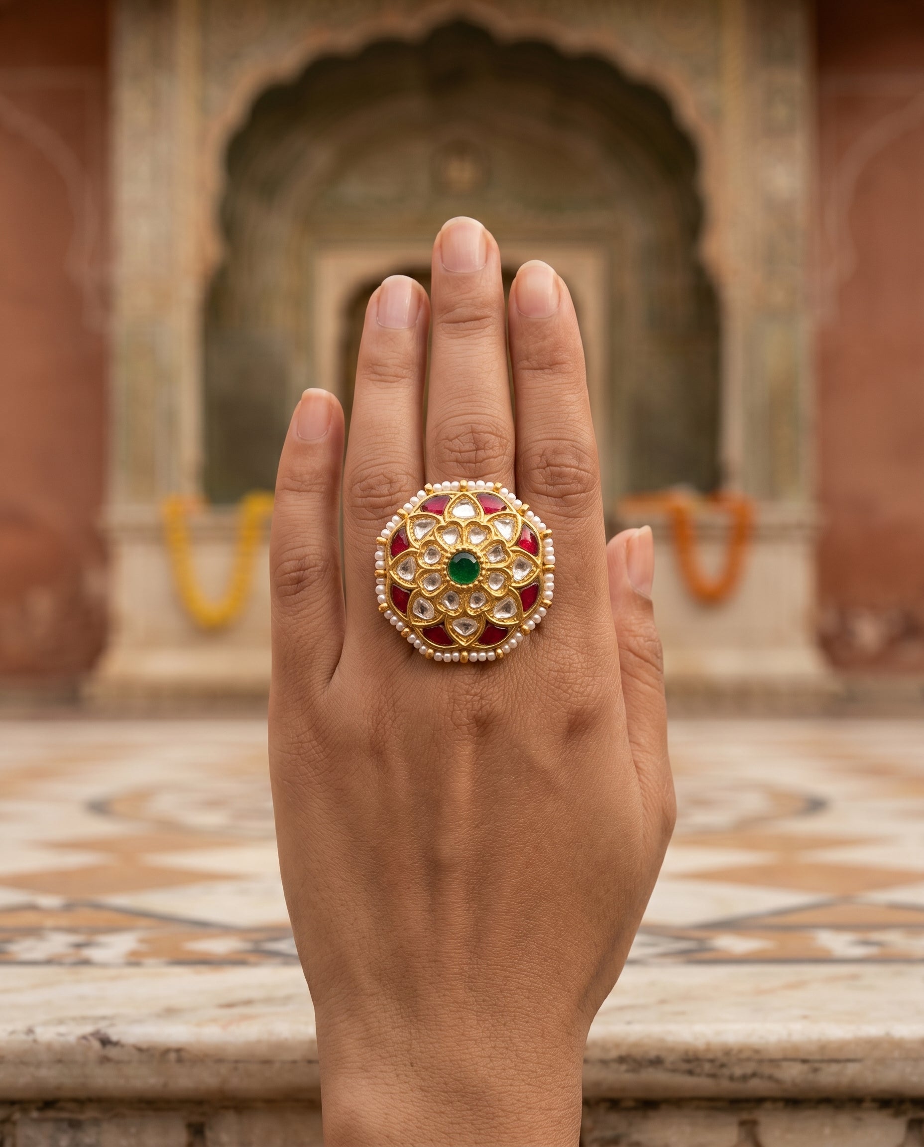 Handcrafted 22kt Gold Radial Ring with Kundan Set Certified Syndicate Polki in Sunburst Thapa Work