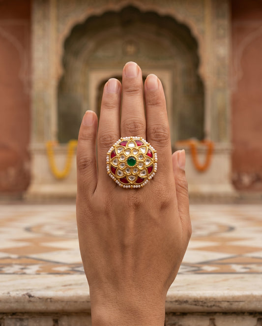 Handcrafted 22kt Gold Radial Ring with Kundan Set Certified Syndicate Polki in Sunburst Thapa Work