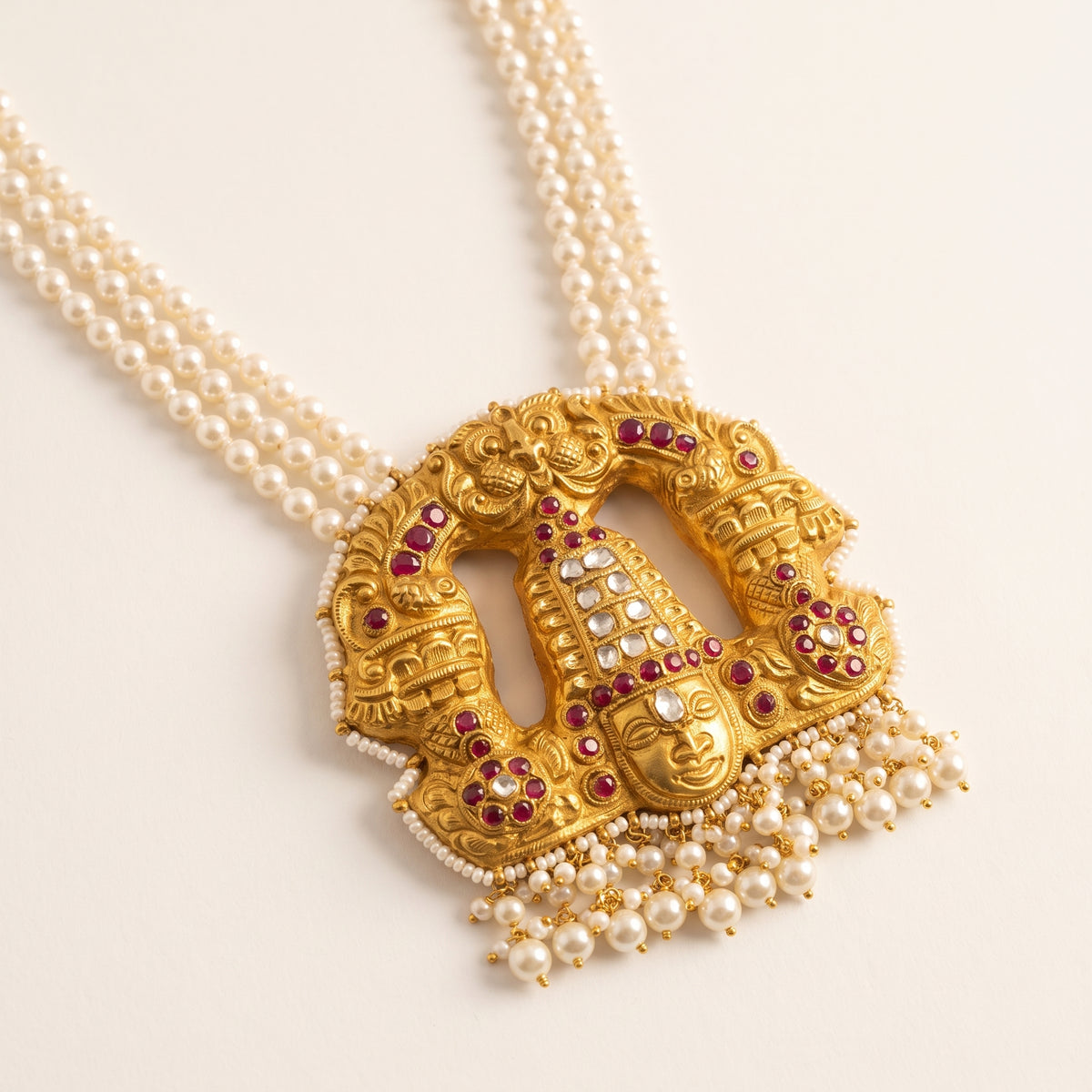 Handcrafted 22kt Gold Pearl Mala with Balaji Pendant Pearls and 4 Carat Certified Syndicate Polki in Thapa Work