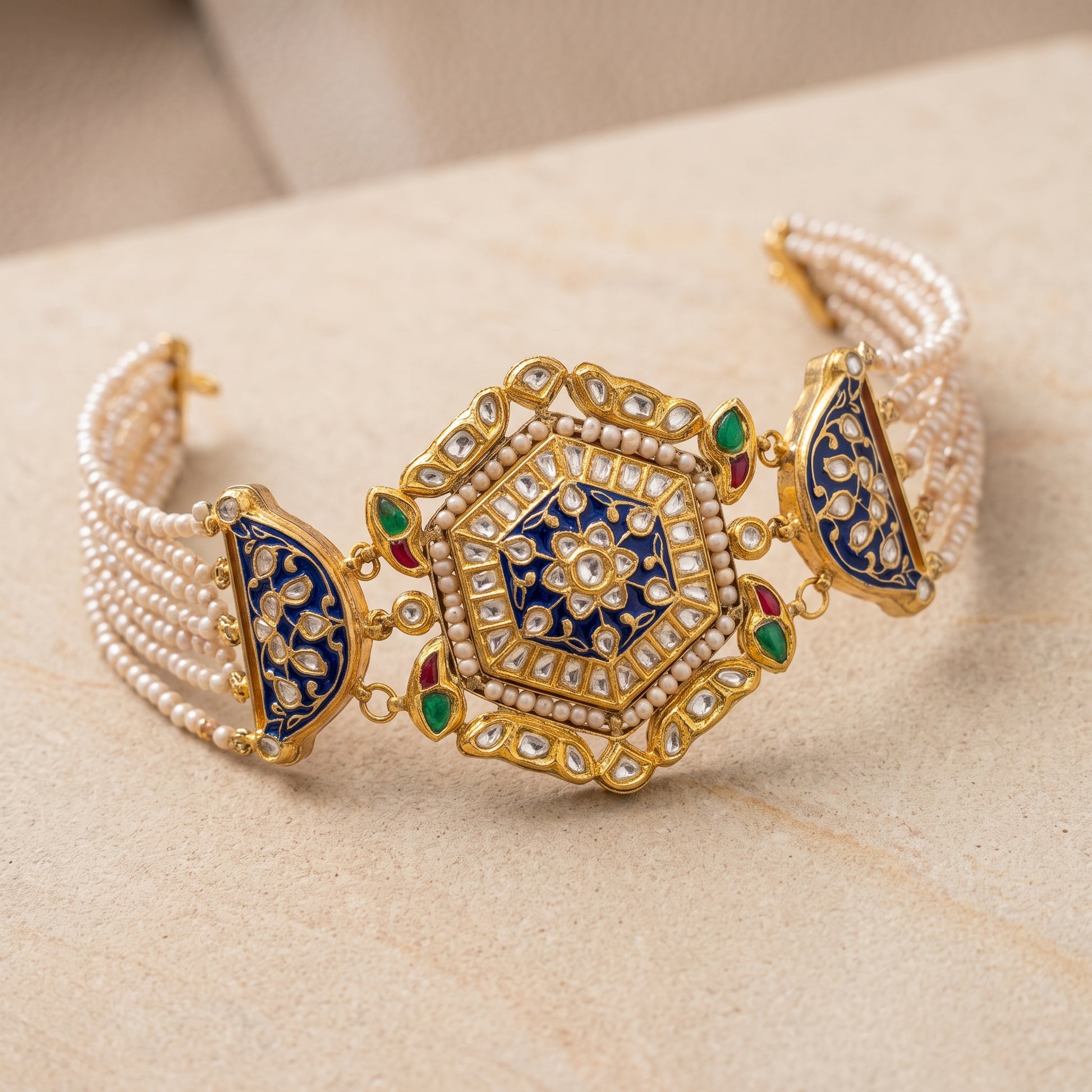 Handcrafted 22kt Gold Blue Meenakari Choker Set with 5 Carat Certified Syndicate Polki and Blue Meenakari Enamel Work in Thapa Work
