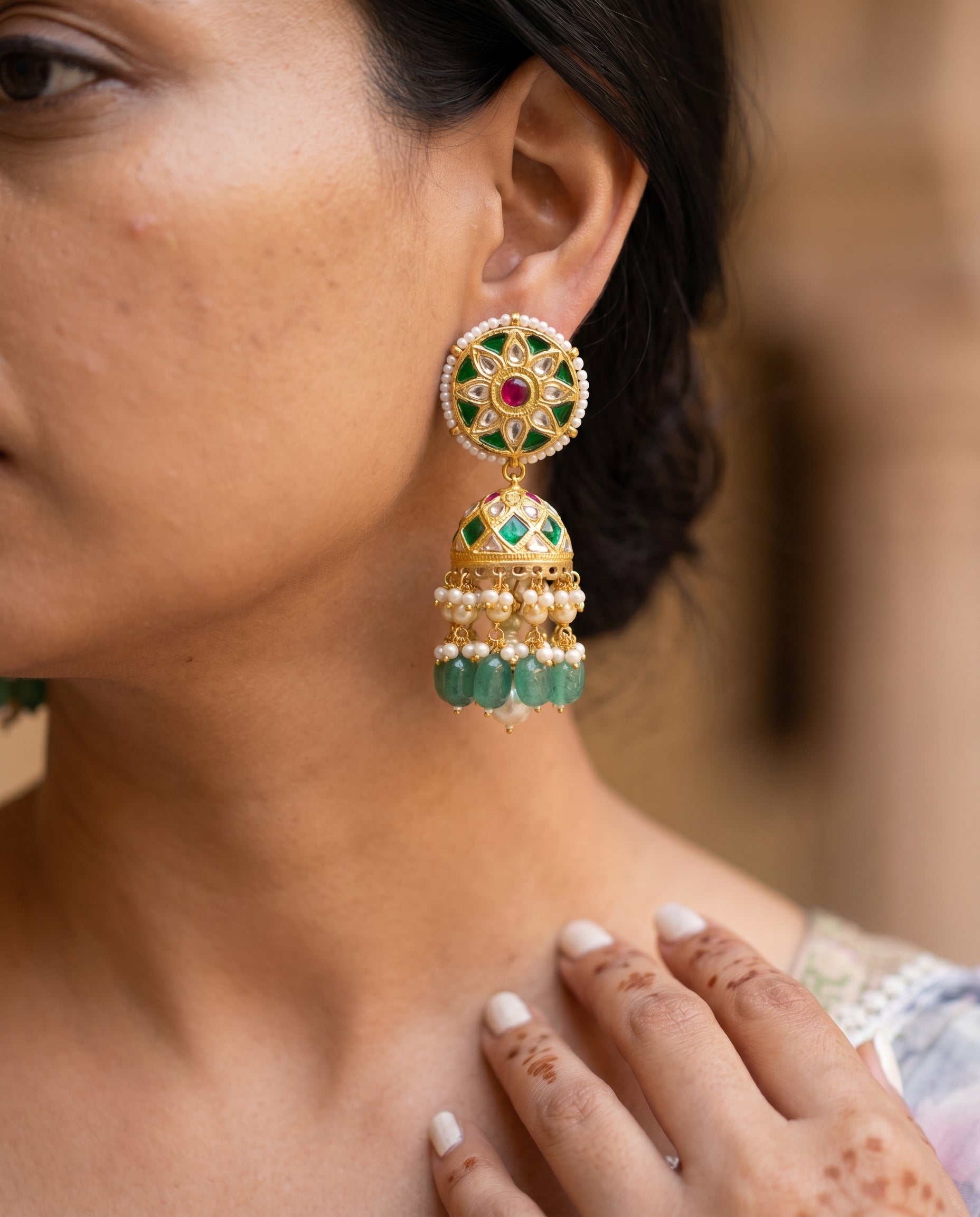 Handcrafted 22kt Gold Green Drop Jhumkis with 2 Carat Certified Syndicate Polki and Green Semi Precious Stone Drops in Thapa Work