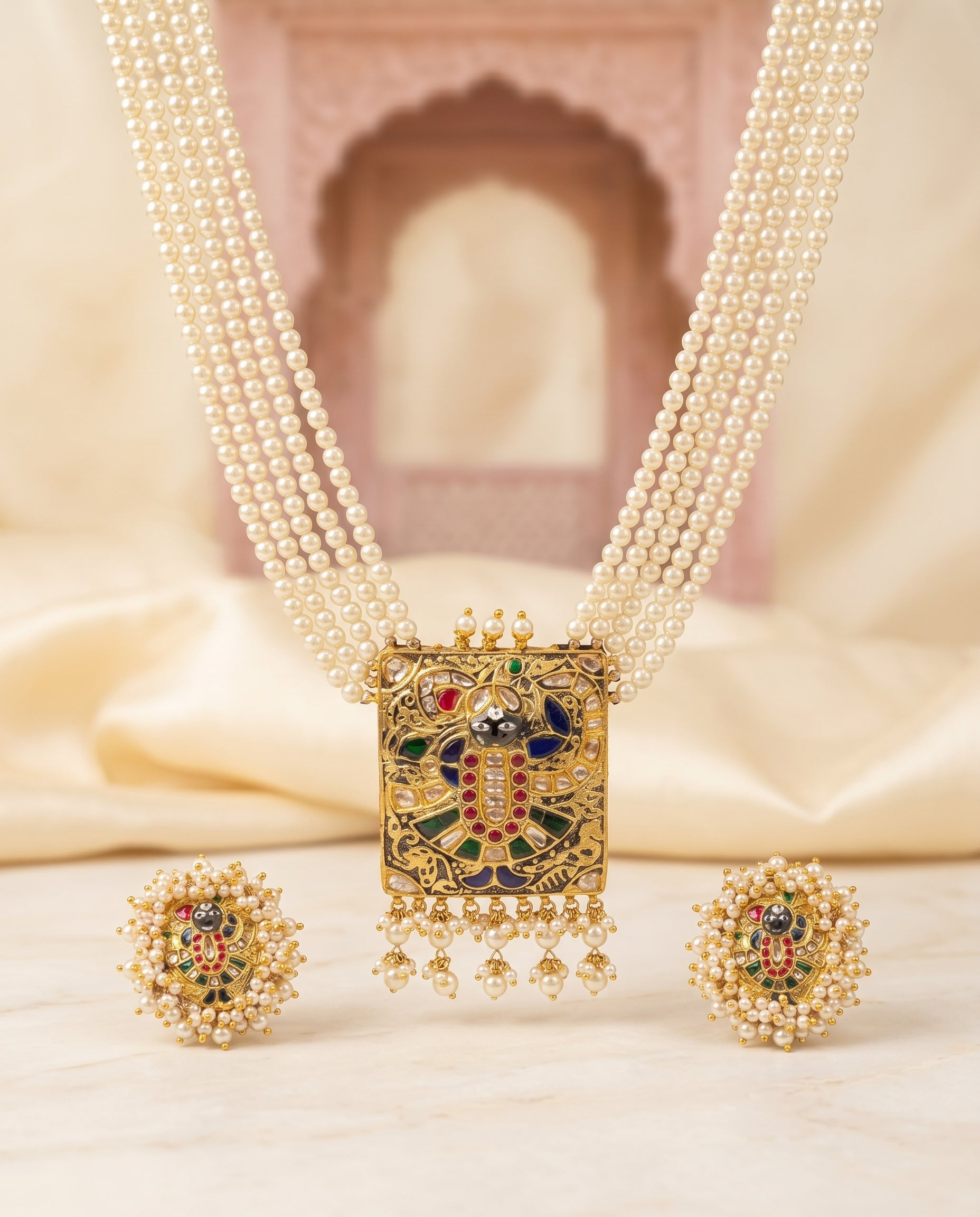 Handcrafted 22kt Gold Shreenathji Pearl Pendant Set with 4 Carat Certified Syndicate Polki and Pearls in Devotional Thapa Work