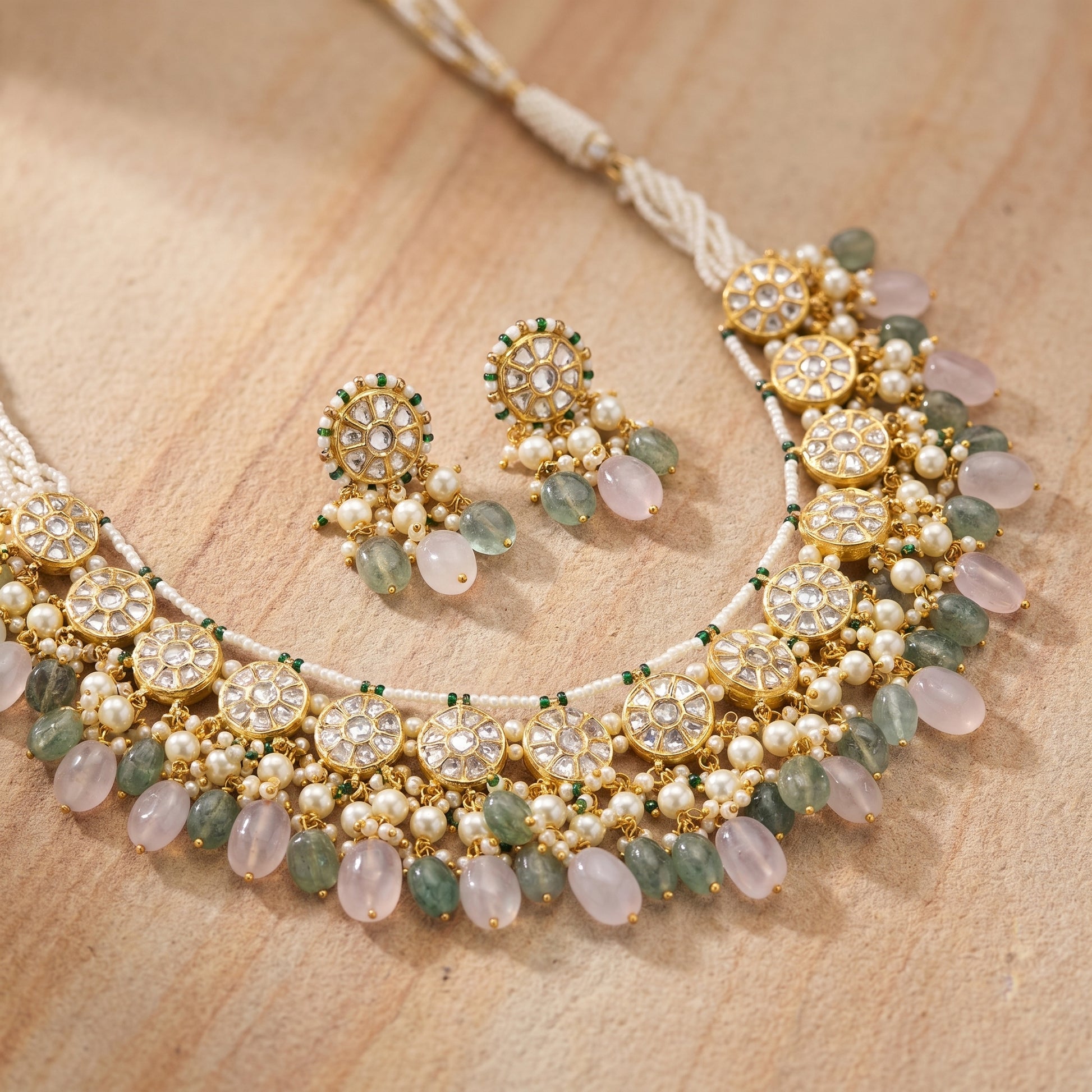 Jharoka Round motive green pink necklace | Vama Gears