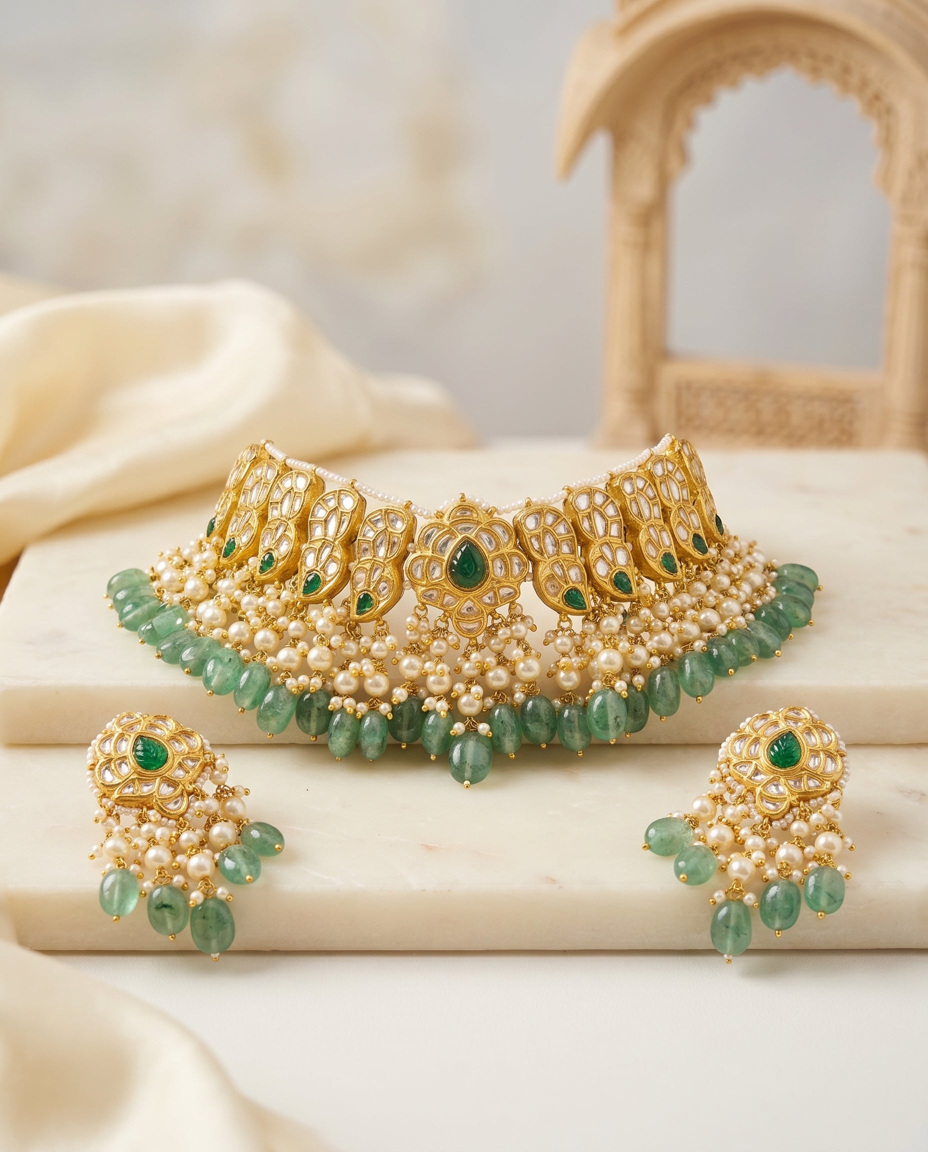 Handcrafted 22kt Gold Green Drop Set with 5 Carat Certified Syndicate Polki and Green Semi Precious Stone Drops in Thapa Work