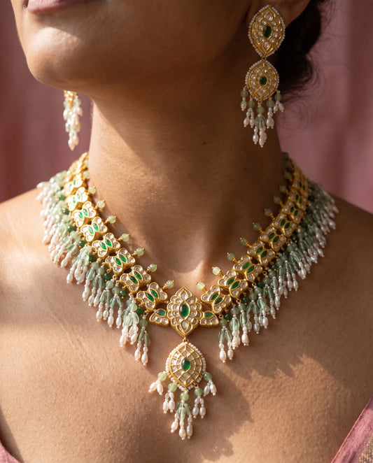 Handcrafted 22kt Gold Guttapusalu Necklace with 20 Carat Certified Syndicate Polki and Clustered Drops in Thapa Work