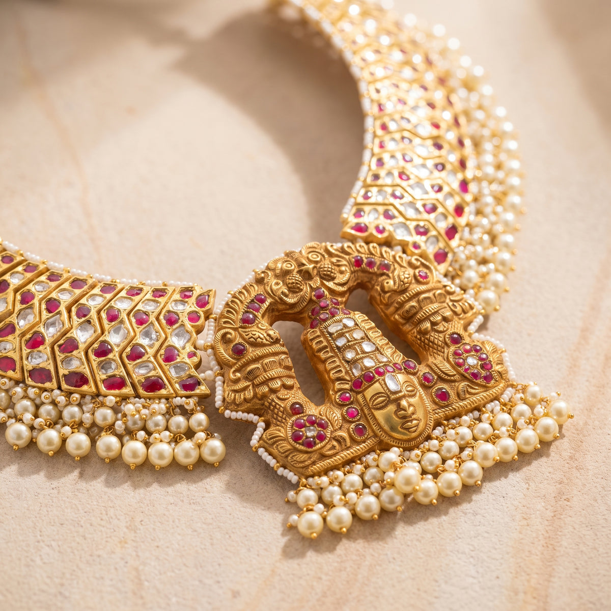 Handcrafted 22kt Gold Zigzag Choker with Balaji Pendant and 25 Carat Certified Syndicate Polki in Thapa Work