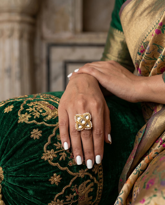 Handcrafted 22kt Gold Petal Ring with Certified Syndicate Polki in Petal Motif Thapa Work