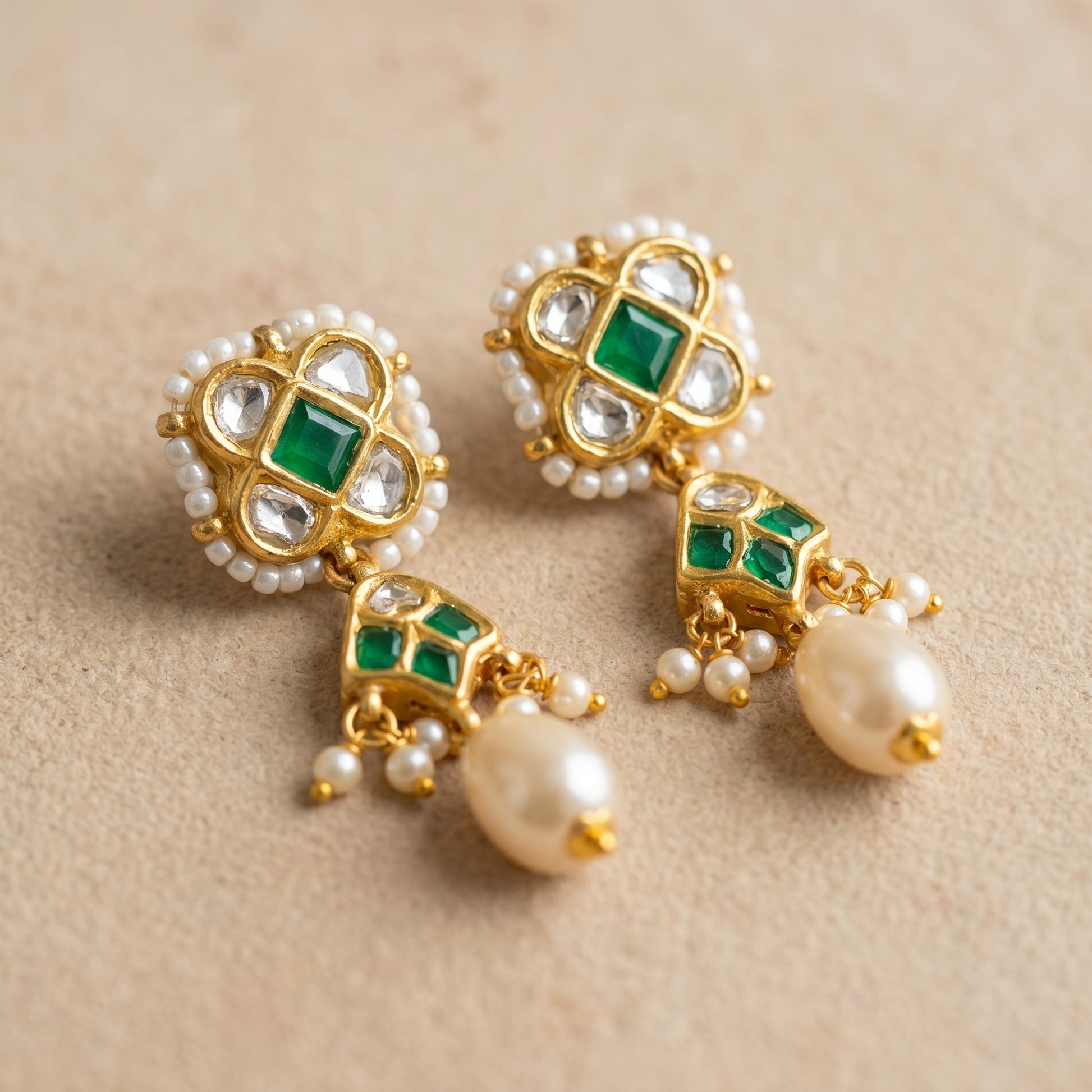 Handcrafted 22kt Gold Green Chowfully Trifully Drop Earrings with Certified Syndicate Polki and Green Semi Precious Stones in Floral Cluster Thapa Work