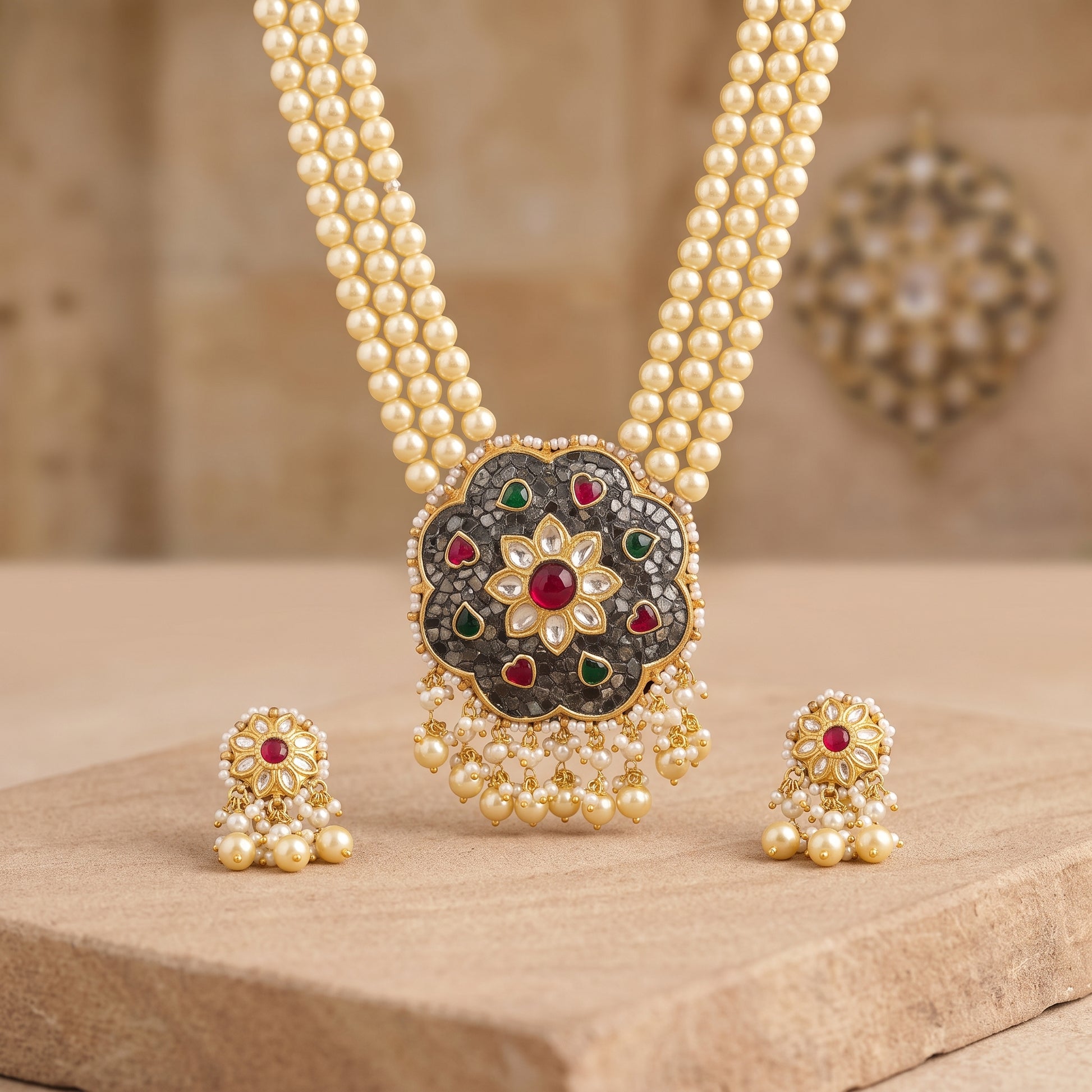 Handcrafted 22kt Gold Black Pendant Set with 6 Carat Certified Syndicate Polki and Black Semi Precious Stones in Thapa Work