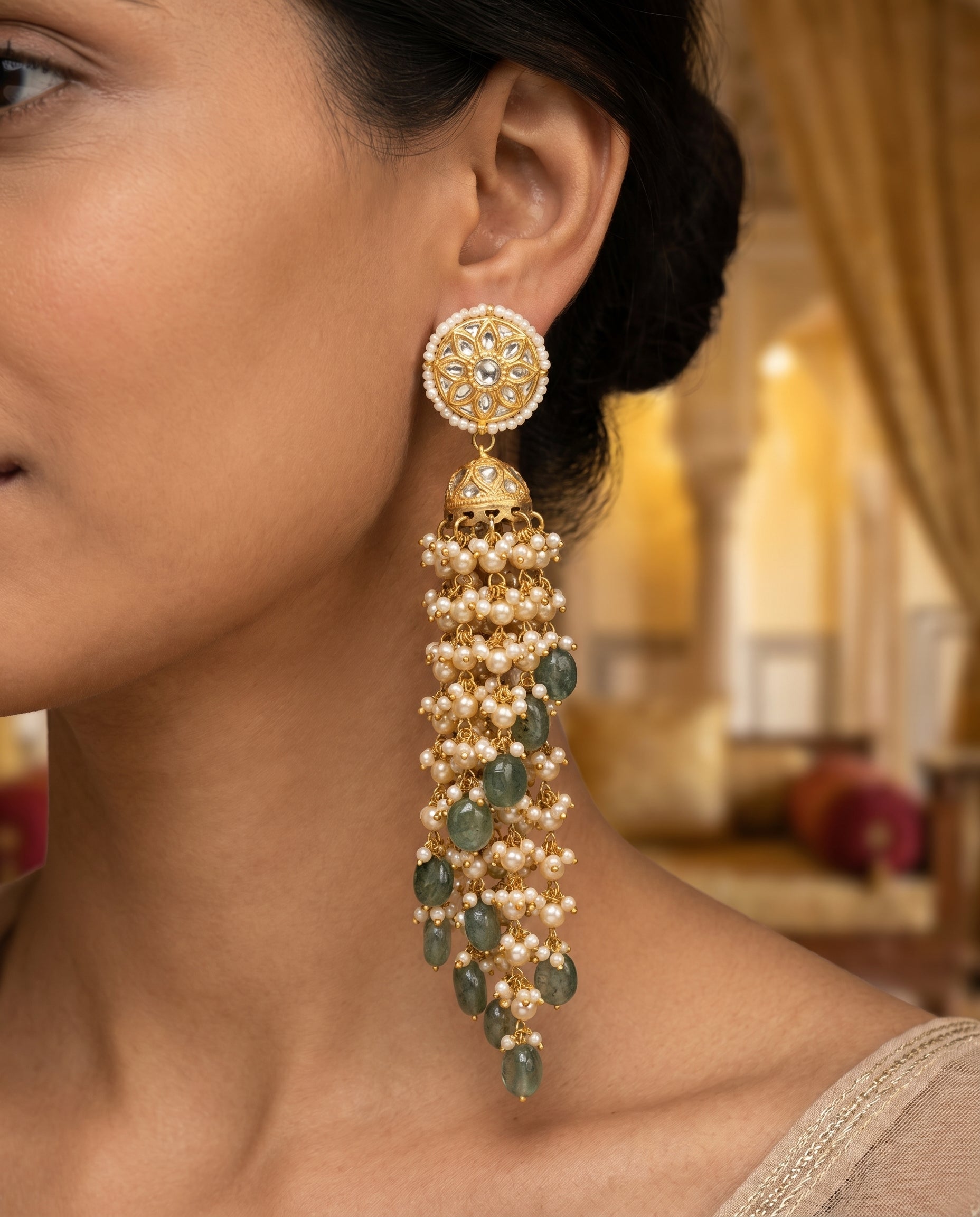 Jharoka Green waterfall long jhumkis | Vama Gears