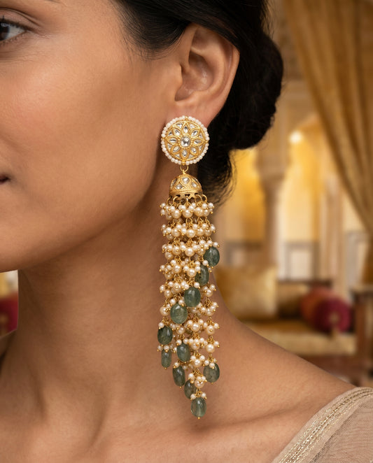 Jharoka Green waterfall long jhumkis | Vama Gears