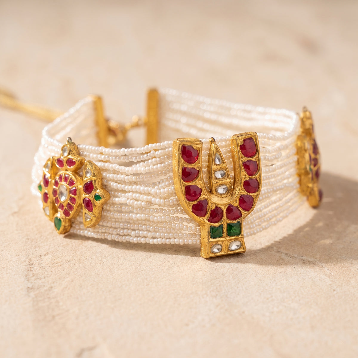 Handcrafted 22kt Gold Balaji Choker with Balaji Motif and 4 Carat Certified Syndicate Polki in Thapa Work