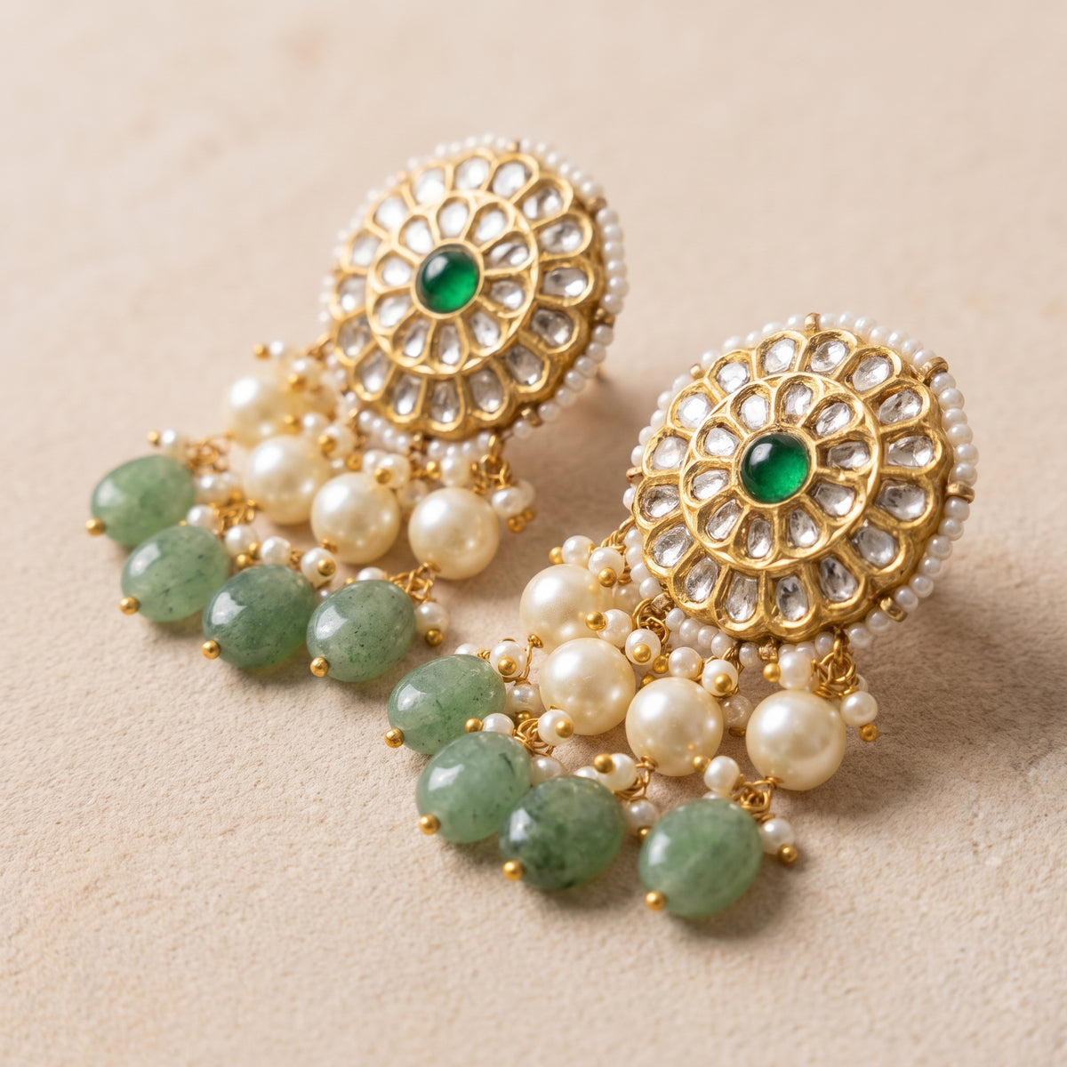 Handcrafted 22kt Gold Green Studs with 2 Carat Certified Syndicate Polki and Green Semi Precious Stones in Lightweight Gold Sheet Work