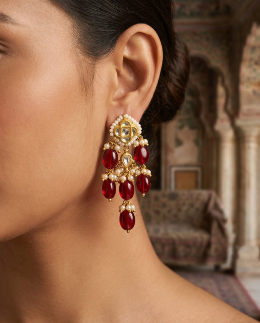 Handcrafted 22kt Gold Red Chowfully Studs with Certified Syndicate Polki and Red Semi Precious Stones in Floral Cluster Thapa Work
