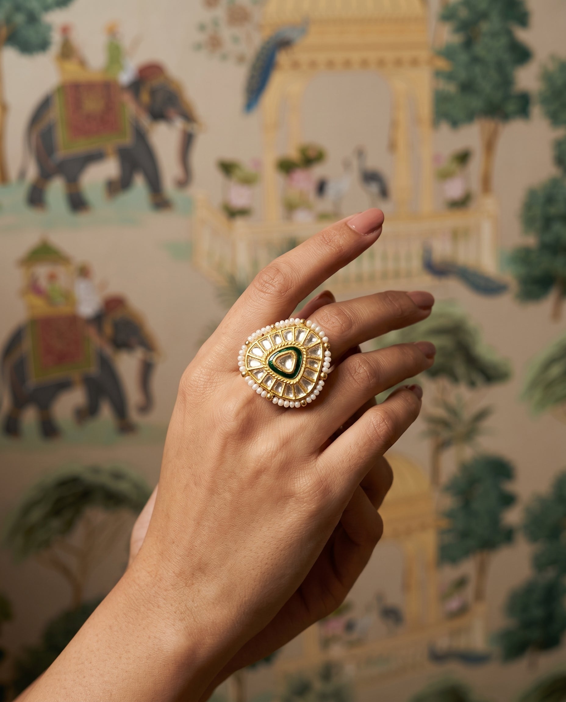 Handcrafted 22kt Gold Triangle Ring with Certified Syndicate Polki in Geometric Thapa Work